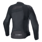 Chaqueta Alpinestars Stella T-GP Plus R V4 Airflow, negra, vista posterior con amplios paneles de malla para un flujo de aire máximo, logotipo 'Alpinestars Racing Ahead' en la parte inferior de la espalda, chaqueta de textil deportiva para mujer
