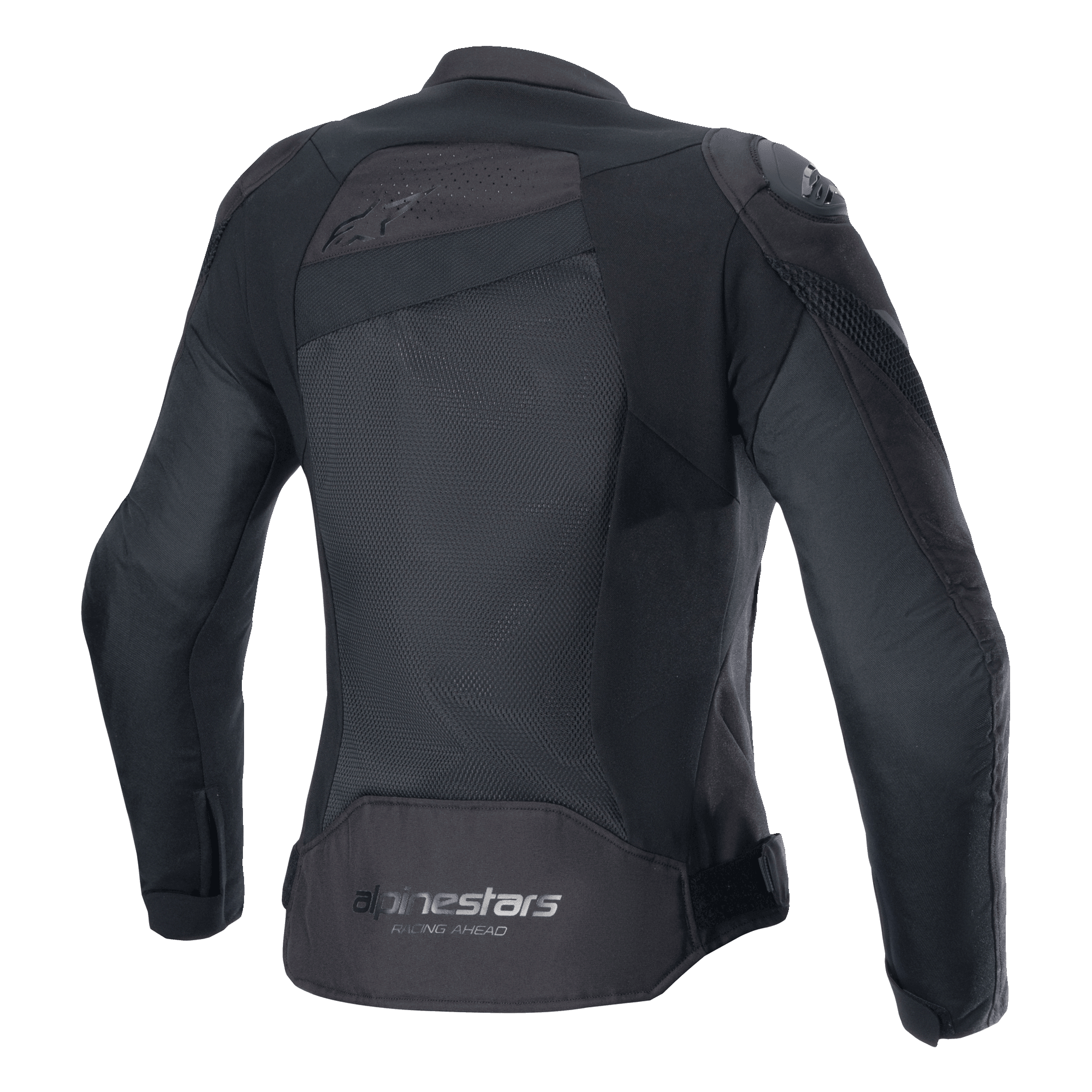 Chaqueta Alpinestars Stella T-GP Plus R V4 Airflow, negra, vista posterior con amplios paneles de malla para un flujo de aire máximo, logotipo 'Alpinestars Racing Ahead' en la parte inferior de la espalda, chaqueta de textil deportiva para mujer