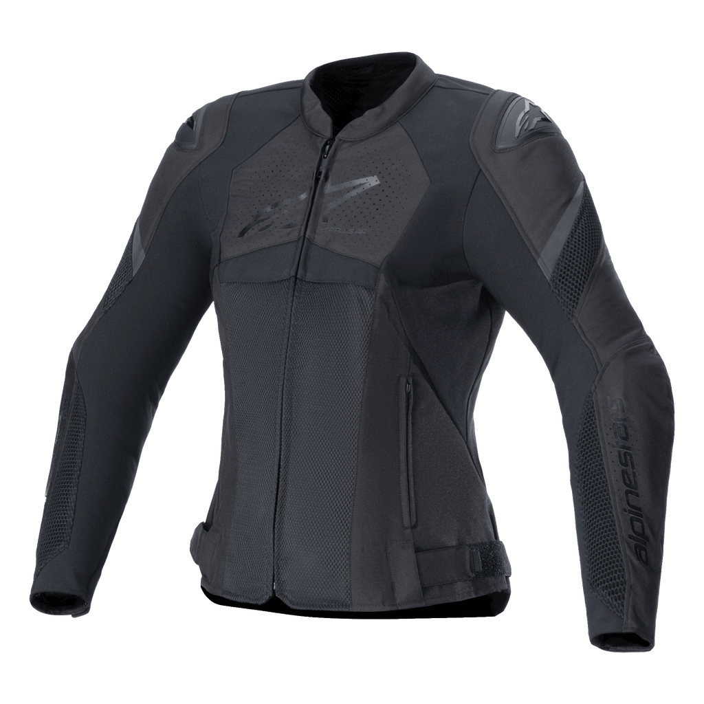 Alpinestars Stella T-GP Plus R V4 Airflow Jacket, chaqueta de moto deportiva para mujer, negra, con grandes paneles de ventilación de malla, secciones perforadas en el pecho con el logo de Alpinestars, protectores de hombro DFS Lite y un ajuste anatómico precurvado para el verano.