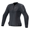 Alpinestars Stella T-GP Plus R V4 Airflow Jacket, chaqueta de moto deportiva para mujer, negra, con grandes paneles de ventilación de malla, secciones perforadas en el pecho con el logo de Alpinestars, protectores de hombro DFS Lite y un ajuste anatómico precurvado para el verano.
