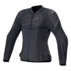 Alpinestars Stella T-GP Plus R V4 Airflow Jacket, chaqueta de moto deportiva para mujer, negra, con grandes paneles de ventilación de malla, secciones perforadas en el pecho con el logo de Alpinestars, protectores de hombro DFS Lite y un ajuste anatómico precurvado para el verano.