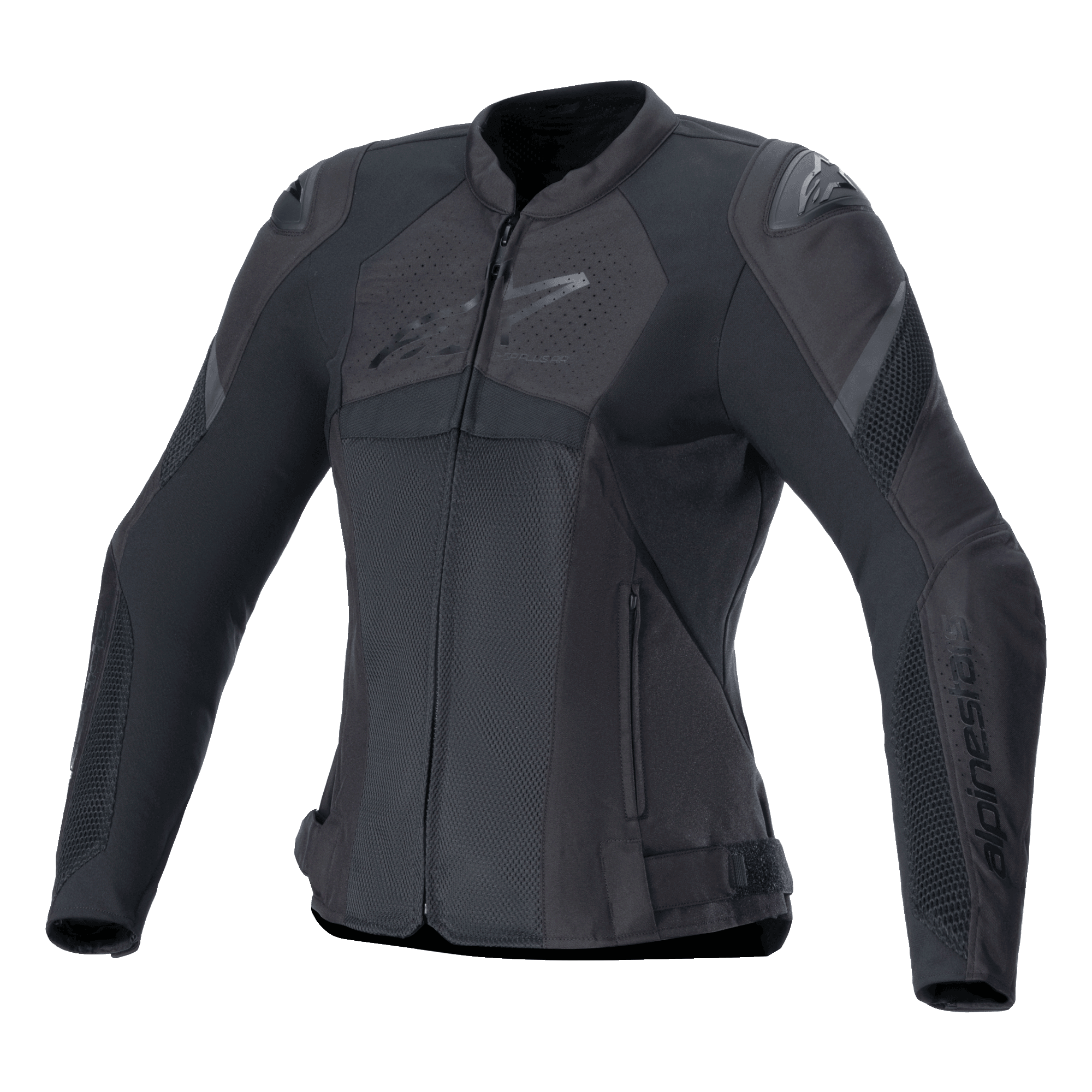 Alpinestars Stella T-GP Plus R V4 Airflow Jacket, chaqueta de moto deportiva para mujer, negra, con grandes paneles de ventilación de malla, secciones perforadas en el pecho con el logo de Alpinestars, protectores de hombro DFS Lite y un ajuste anatómico precurvado para el verano.