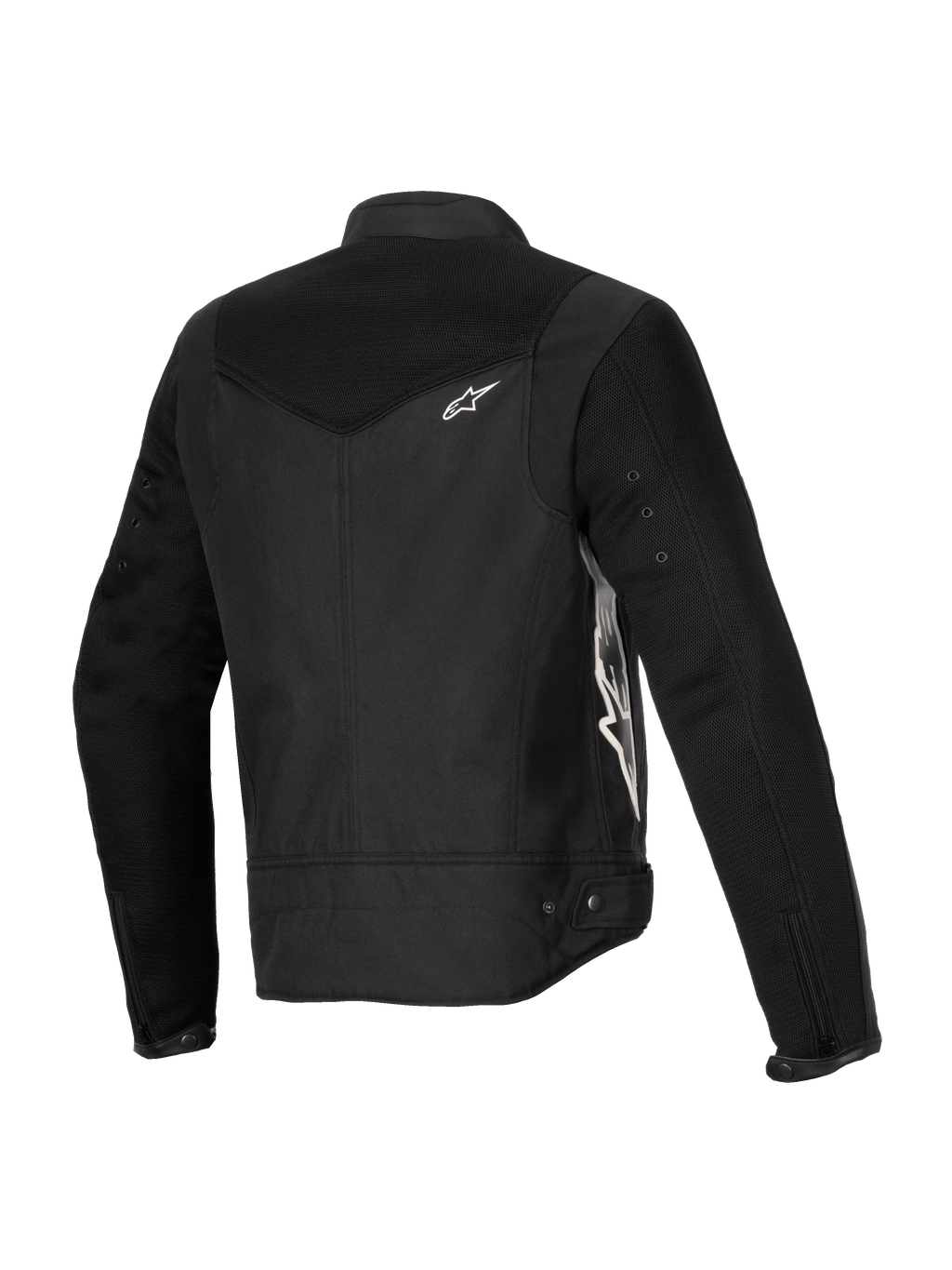 Alpinestars Stella T-Dyno Air Jacket, chaqueta de moto para mujer, negra, vista trasera de tres cuartos con paneles de malla 3D extendidos en el canesú y las mangas, logotipo de Alpinestars en blanco y confección textil entallada para conducción en verano