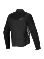 Alpinestars Stella T-Dyno Air Jacket, chaqueta de moto para mujer, negra, vista trasera de tres cuartos con paneles de malla 3D extendidos en el canesú y las mangas, logotipo de Alpinestars en blanco y confección textil entallada para conducción en verano