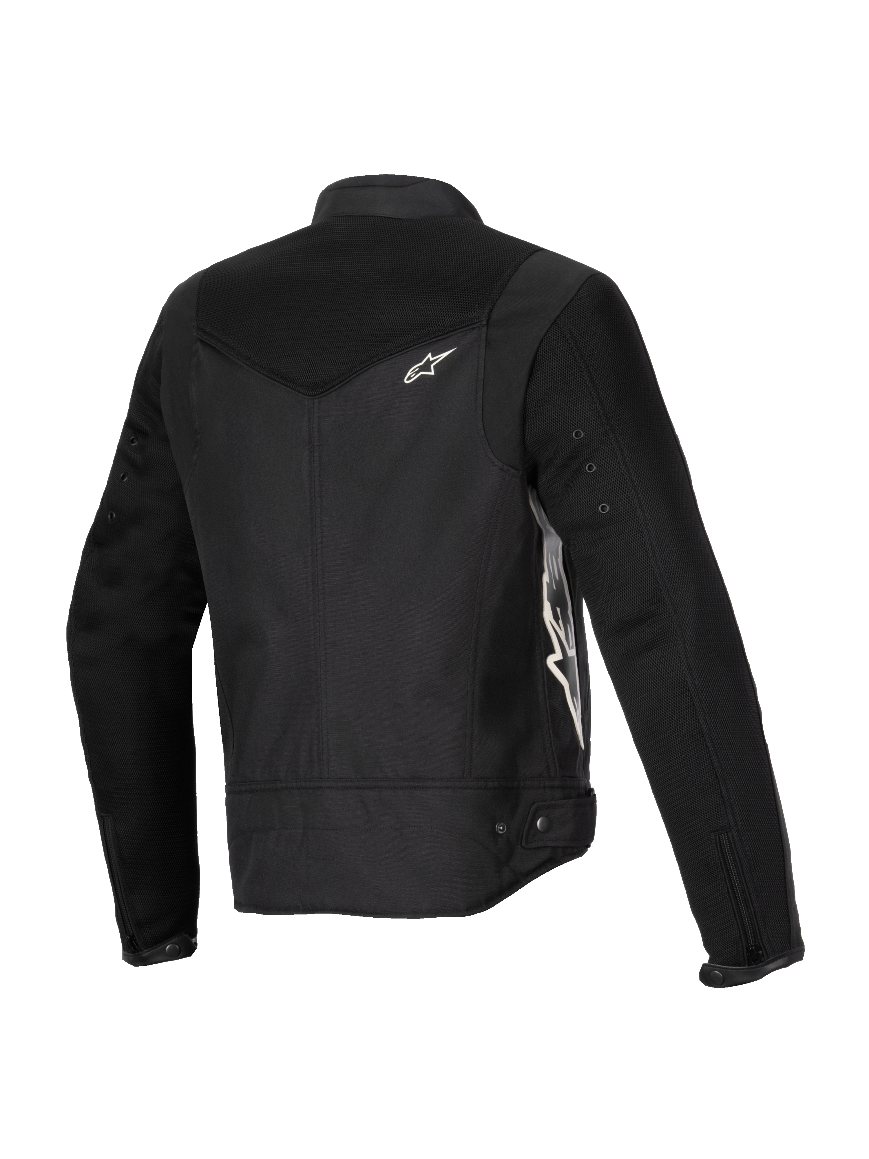 Alpinestars Stella T-Dyno Air Jacket, chaqueta de moto para mujer, negra, vista trasera de tres cuartos con paneles de malla 3D extendidos en el canesú y las mangas, logotipo de Alpinestars en blanco y confección textil entallada para conducción en verano