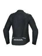 Alpinestars Honda Stella T-SPS Air V2 Jacket para mujer, vista trasera, negra con detalles en gris oscuro y gris hielo, con un gran panel de malla técnica en la espalda y el logotipo de Honda en blanco en la parte inferior, ajuste de alto rendimiento diseñado para la mujer.