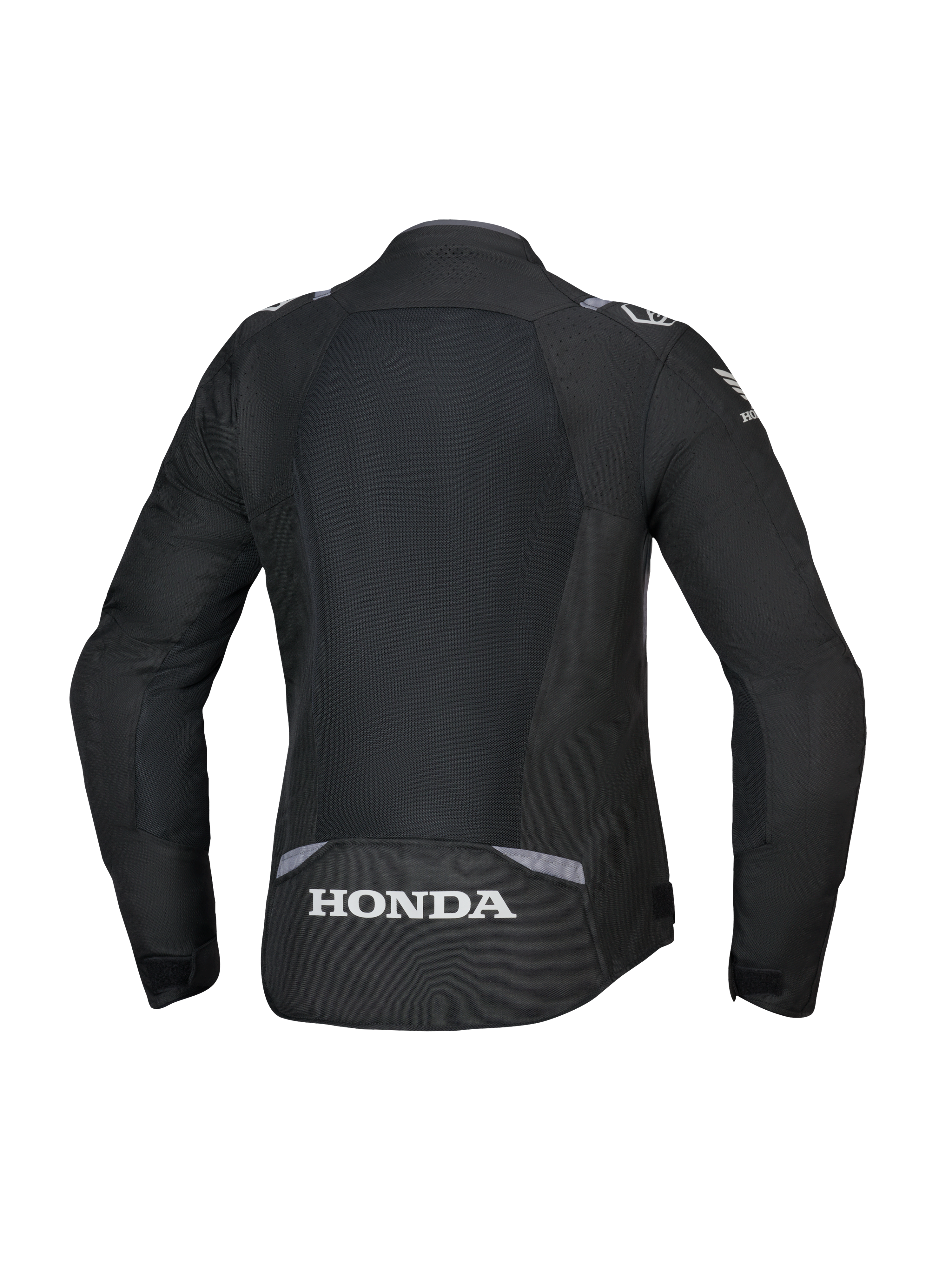 Alpinestars Honda Stella T-SPS Air V2 Jacket para mujer, vista trasera, negra con detalles en gris oscuro y gris hielo, con un gran panel de malla técnica en la espalda y el logotipo de Honda en blanco en la parte inferior, ajuste de alto rendimiento diseñado para la mujer.