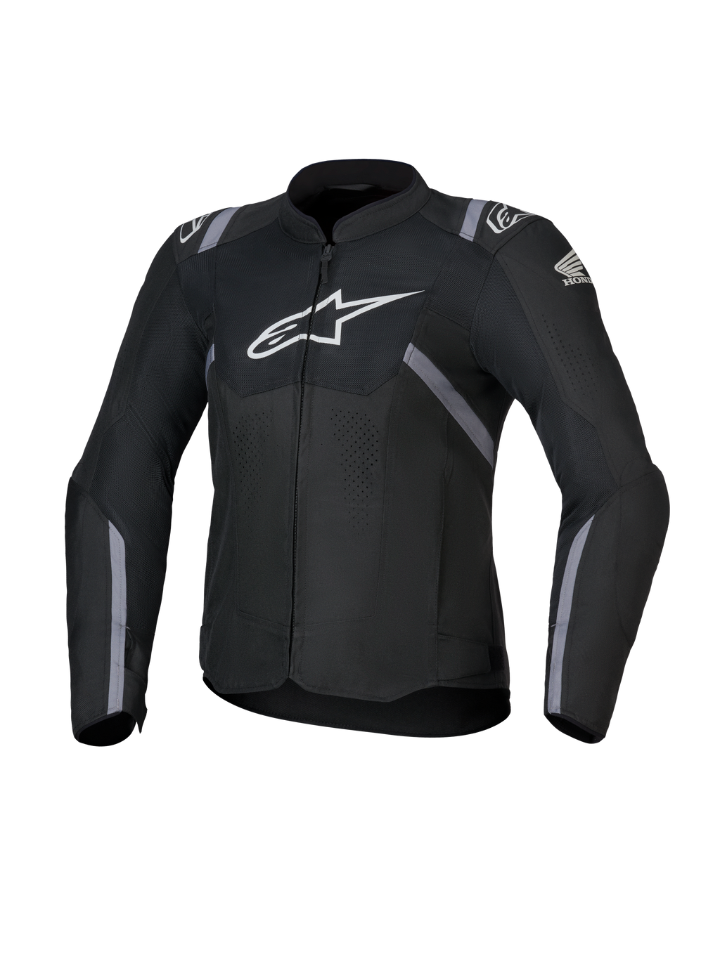 Honda Woman Stella T-SPS Air V2 Jacket, chaqueta de moto textil para mujer, negra con logotipos blancos de Alpinestars y Honda, detalles de franjas grises, paneles de malla perforada para el flujo de aire, ajuste de conducción deportiva