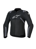 Honda Woman Stella T-SPS Air V2 Jacket, chaqueta de moto textil para mujer, negra con logotipos blancos de Alpinestars y Honda, detalles de franjas grises, paneles de malla perforada para el flujo de aire, ajuste de conducción deportiva