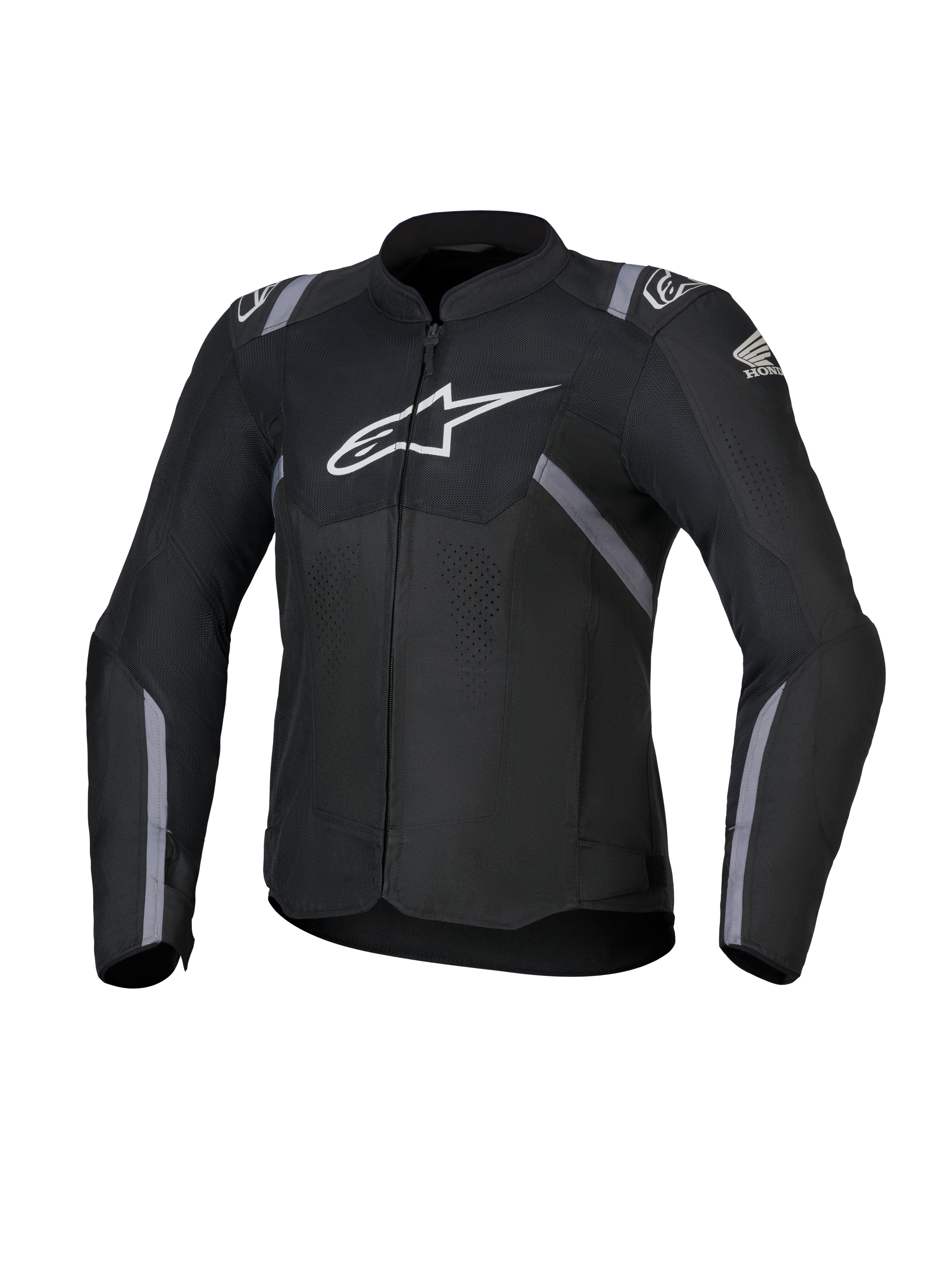 Honda Woman Stella T-SPS Air V2 Jacket, chaqueta de moto textil para mujer, negra con logotipos blancos de Alpinestars y Honda, detalles de franjas grises, paneles de malla perforada para el flujo de aire, ajuste de conducción deportiva