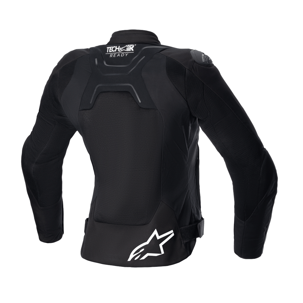 Chaqueta Alpinestars Stella SMX Air para mujer, vista trasera, negra, con paneles de malla en la espalda para flujo de aire, marca Tech-Air Ready en la parte superior de la espalda, logotipo de estrella Alpinestars en blanco en la parte inferior, correas de ajuste en la cintura, chaqueta textil de moto deportiva para calle
