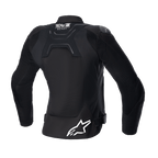 Chaqueta Alpinestars Stella SMX Air para mujer, vista trasera, negra, con paneles de malla en la espalda para flujo de aire, marca Tech-Air Ready en la parte superior de la espalda, logotipo de estrella Alpinestars en blanco en la parte inferior, correas de ajuste en la cintura, chaqueta textil de moto deportiva para calle