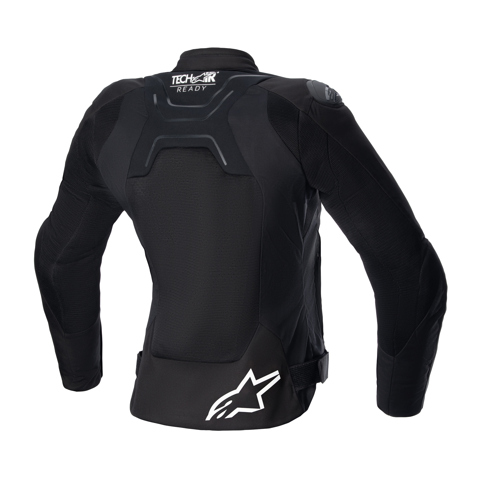 Chaqueta Alpinestars Stella SMX Air para mujer, vista trasera, negra, con paneles de malla en la espalda para flujo de aire, marca Tech-Air Ready en la parte superior de la espalda, logotipo de estrella Alpinestars en blanco en la parte inferior, correas de ajuste en la cintura, chaqueta textil de moto deportiva para calle