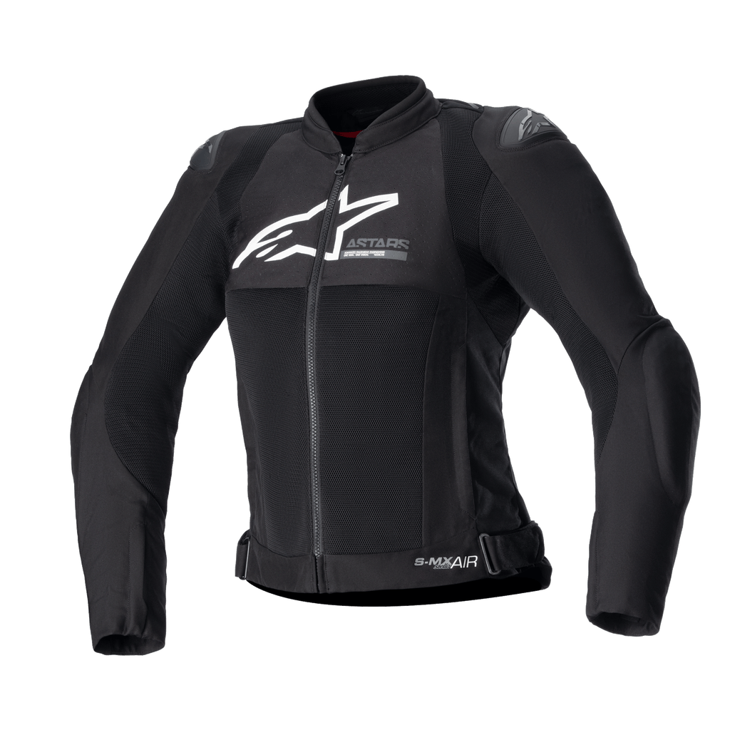 Alpinestars Stella SMX Air Jacket para mujer, chaqueta de moto negra en textil y malla, logotipo blanco en el pecho, cremallera frontal, cuello alto, deslizadores externos en los hombros, construcción de malla transpirable, diseño deportivo para el verano