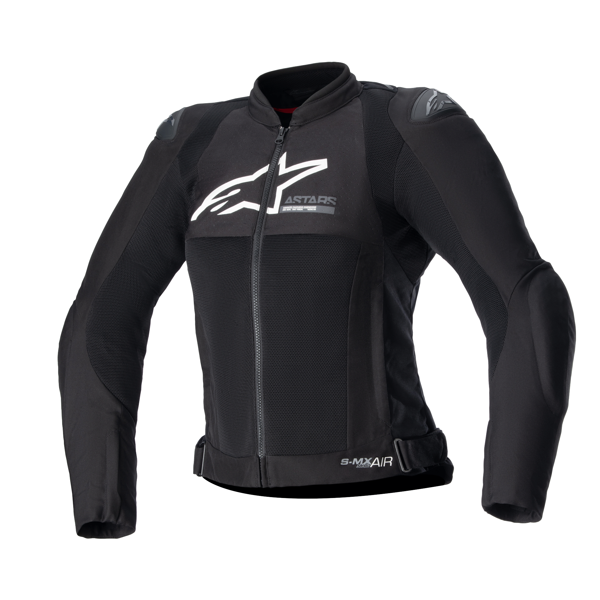 Alpinestars Stella SMX Air Jacket para mujer, chaqueta de moto negra en textil y malla, logotipo blanco en el pecho, cremallera frontal, cuello alto, deslizadores externos en los hombros, construcción de malla transpirable, diseño deportivo para el verano