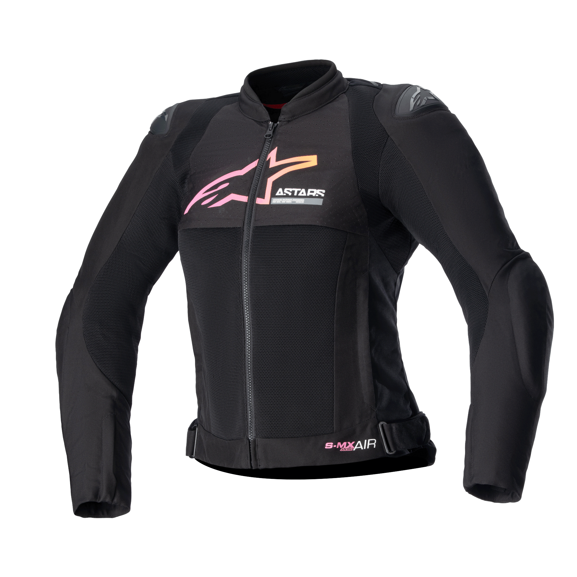Alpinestars Women Stella SMX Air Jacket, Motorcycle Jacket, Black with Pink and Yellow gradient logo, front view featuring mesh ventilation panels, DFS Lite shoulder protectors, and sporty ergonomic design