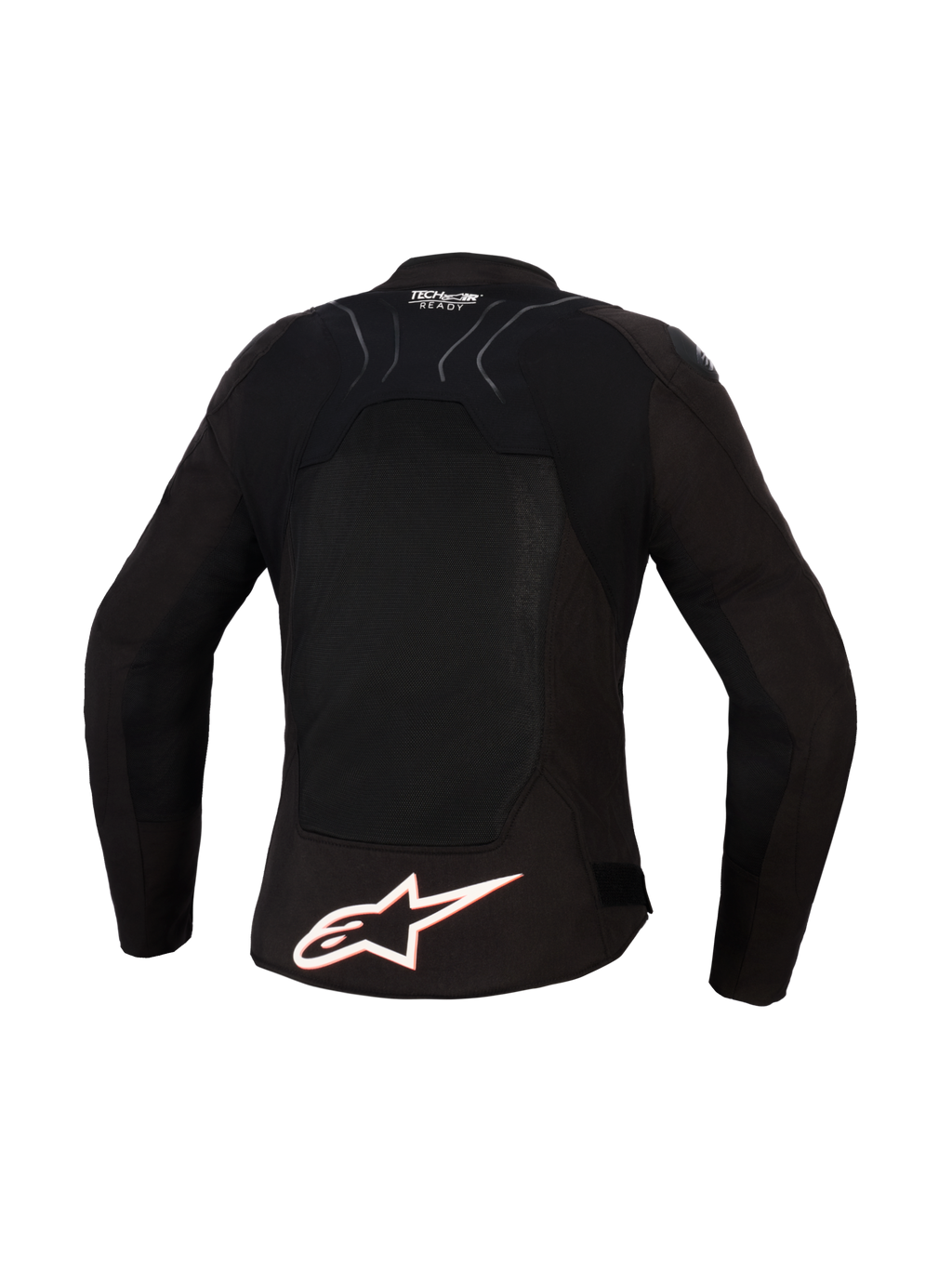 Chaqueta Alpinestars Stella SMX Air para mujer, vista trasera, negra con detalles en blanco y rojo flúor, con un gran logotipo blanco de Alpinestars en la parte inferior de la espalda, paneles de malla de alto flujo para ventilación y marca Tech-Air Ready en la zona superior.
