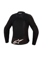 Chaqueta Alpinestars Stella SMX Air para mujer, vista trasera, negra con detalles en blanco y rojo flúor, con un gran logotipo blanco de Alpinestars en la parte inferior de la espalda, paneles de malla de alto flujo para ventilación y marca Tech-Air Ready en la zona superior.