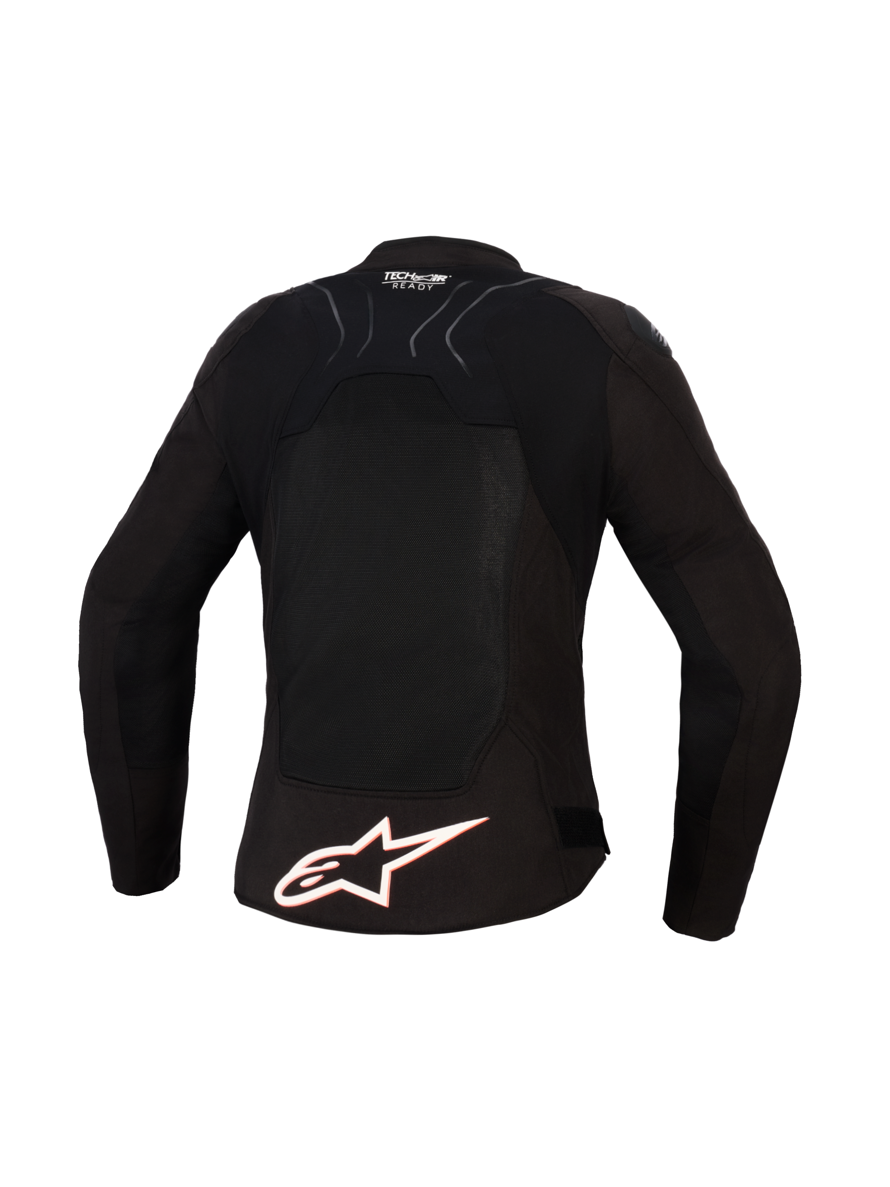 Chaqueta Alpinestars Stella SMX Air para mujer, vista trasera, negra con detalles en blanco y rojo flúor, con un gran logotipo blanco de Alpinestars en la parte inferior de la espalda, paneles de malla de alto flujo para ventilación y marca Tech-Air Ready en la zona superior.