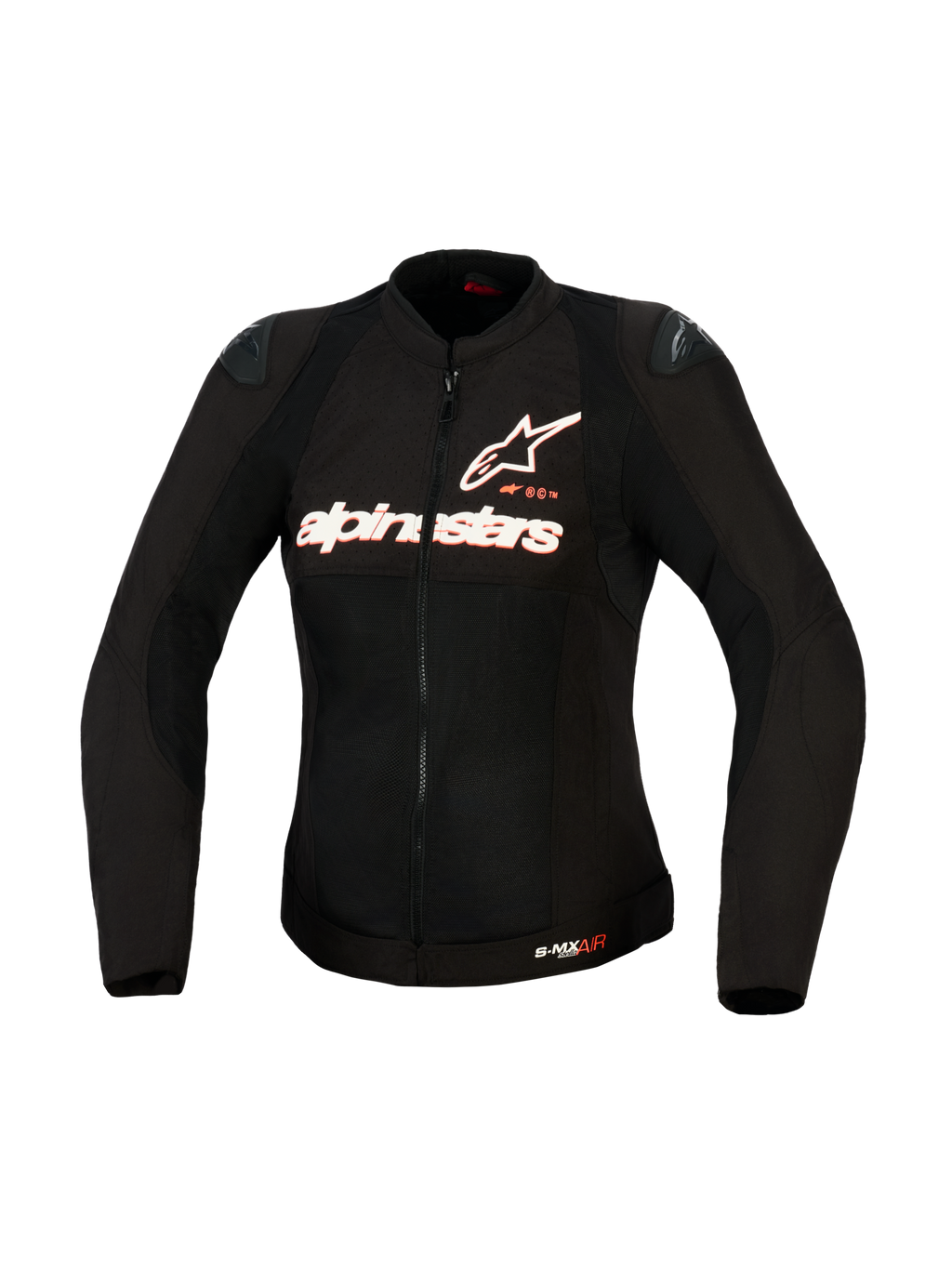 Chaqueta Alpinestars Stella SMX Air para mujer, chaqueta textil de moto, negra con logotipos en blanco y rojo flúor, vista frontal que muestra la construcción de malla de alto flujo, logotipo de Alpinestars en el pecho y deslizadores de hombro DFS Lite, diseñada para motociclistas femeninas.