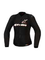 Chaqueta Alpinestars Stella SMX Air para mujer, chaqueta textil de moto, negra con logotipos en blanco y rojo flúor, vista frontal que muestra la construcción de malla de alto flujo, logotipo de Alpinestars en el pecho y deslizadores de hombro DFS Lite, diseñada para motociclistas femeninas.