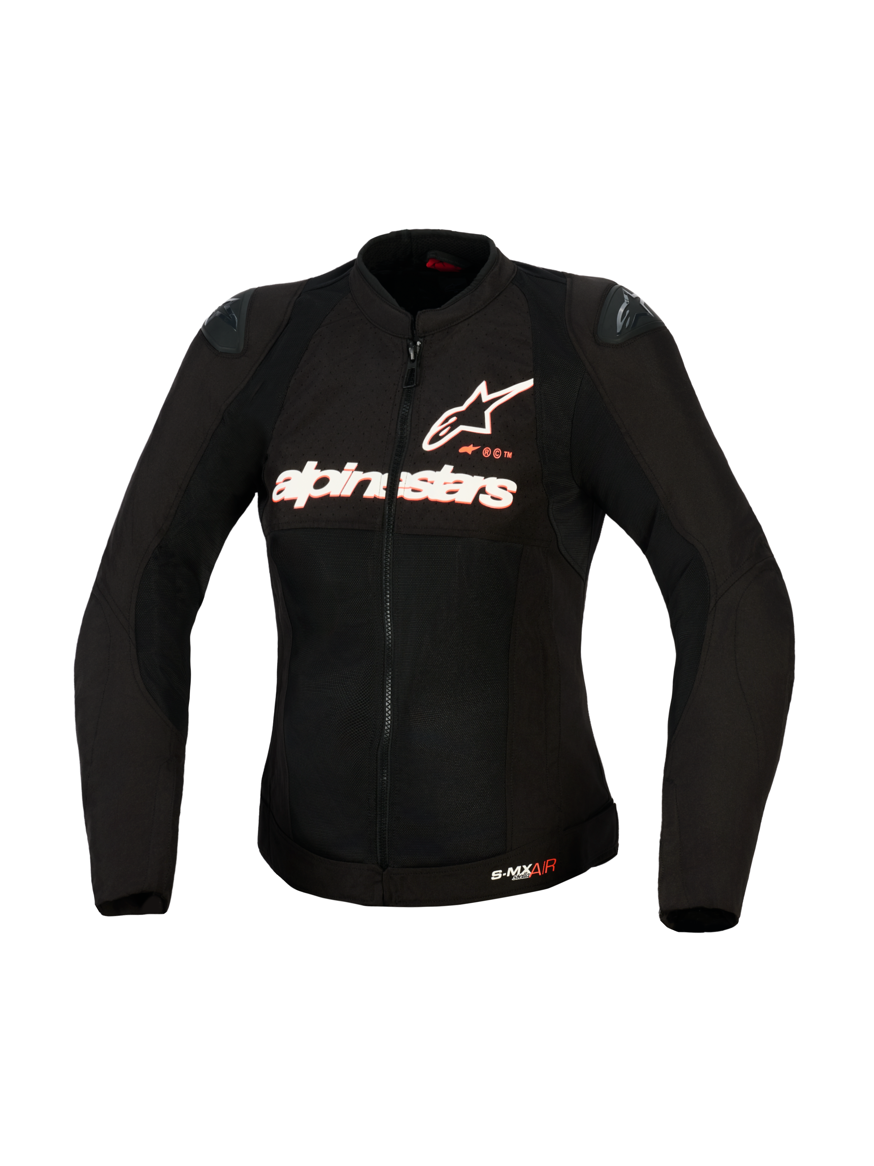 Chaqueta Alpinestars Stella SMX Air para mujer, chaqueta textil de moto, negra con logotipos en blanco y rojo flúor, vista frontal que muestra la construcción de malla de alto flujo, logotipo de Alpinestars en el pecho y deslizadores de hombro DFS Lite, diseñada para motociclistas femeninas.