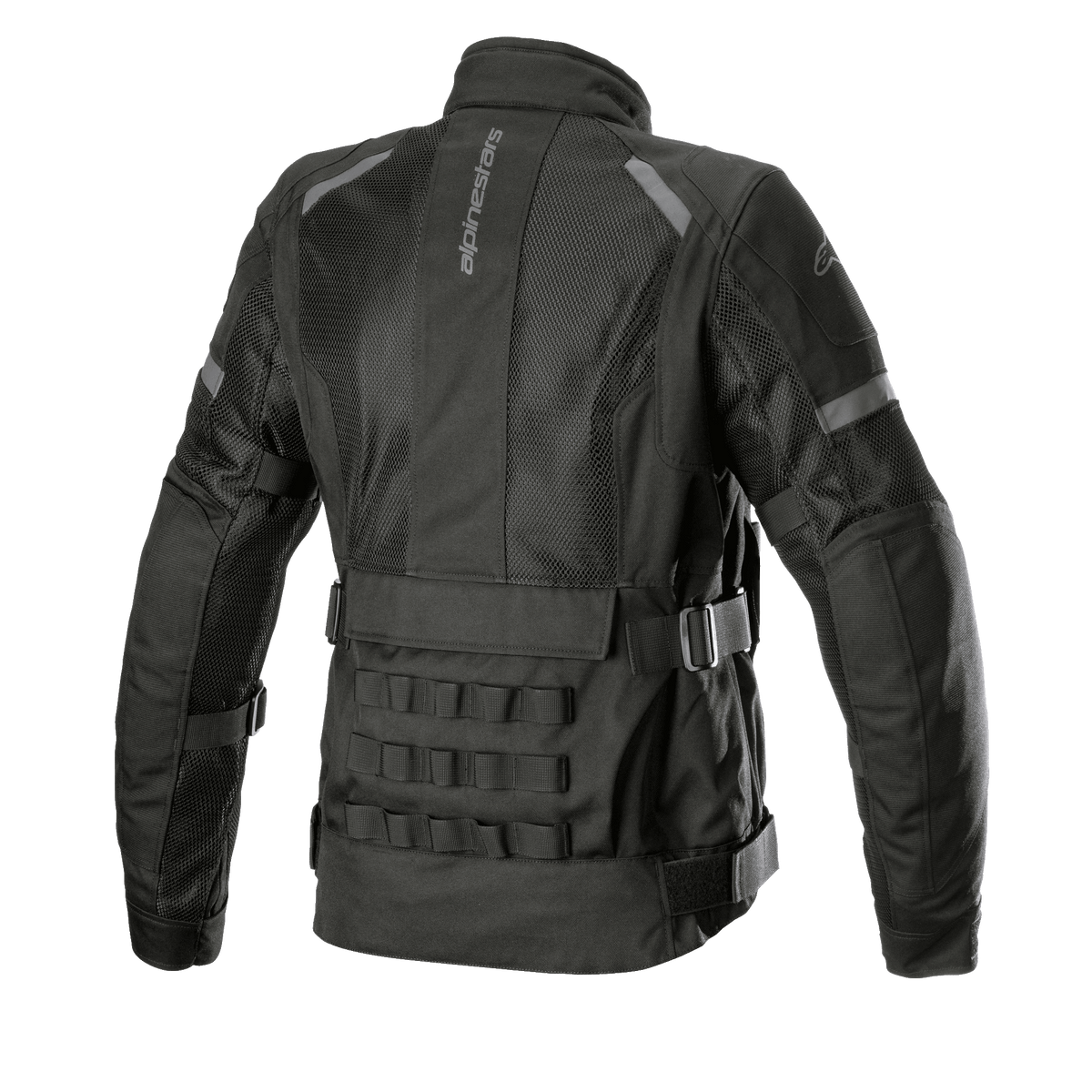 Alpinestars Stella Crosshill WP Air Jacket para mujer, chaqueta touring de motociclismo, negra, vista posterior que muestra amplios paneles de malla para el flujo de aire, correas modulares PALS de inspiración militar en la parte inferior de la espalda y correas de ajuste de volumen en la cintura y los brazos.