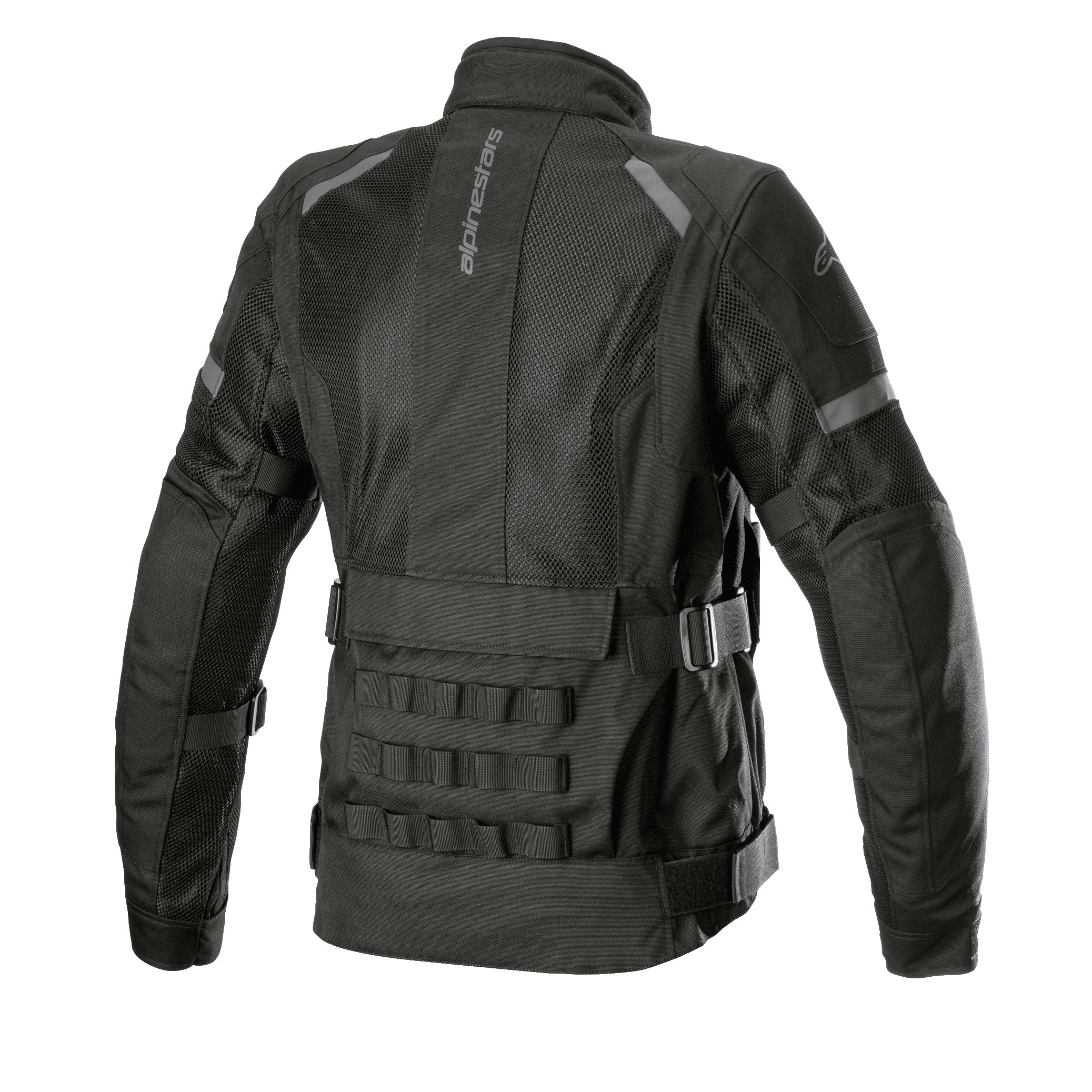 Alpinestars Stella Crosshill WP Air Jacket para mujer, chaqueta touring de motociclismo, negra, vista posterior que muestra amplios paneles de malla para el flujo de aire, correas modulares PALS de inspiración militar en la parte inferior de la espalda y correas de ajuste de volumen en la cintura y los brazos.