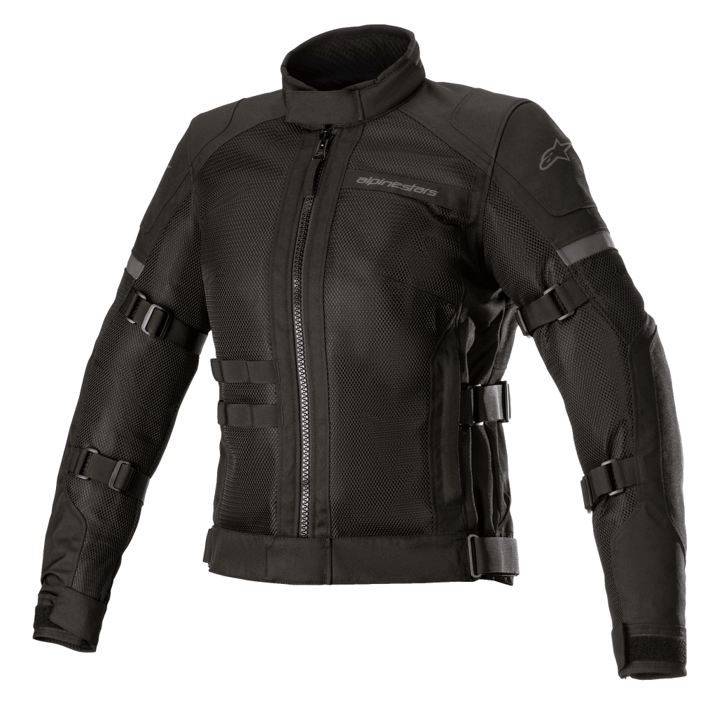 Alpinestars Stella Crosshill WP Air Jacket, chaqueta de moto para mujer, negra, con grandes paneles de malla técnica para el flujo de aire, correas de ajuste de volumen en mangas y torso, cuello alto con cremallera frontal, diseño touring elegante con logotipos sutiles