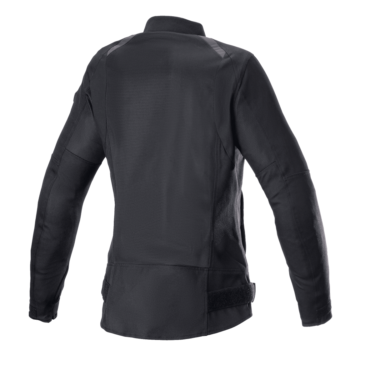 Alpinestars Eloise V2 Women's Air Jacket, chaqueta de moto para mujer en color negro, vista trasera de estilo bomber, amplios paneles de malla para ventilación, perfil trasero alargado, construcción duradera en tejido de poliéster 600D y malla