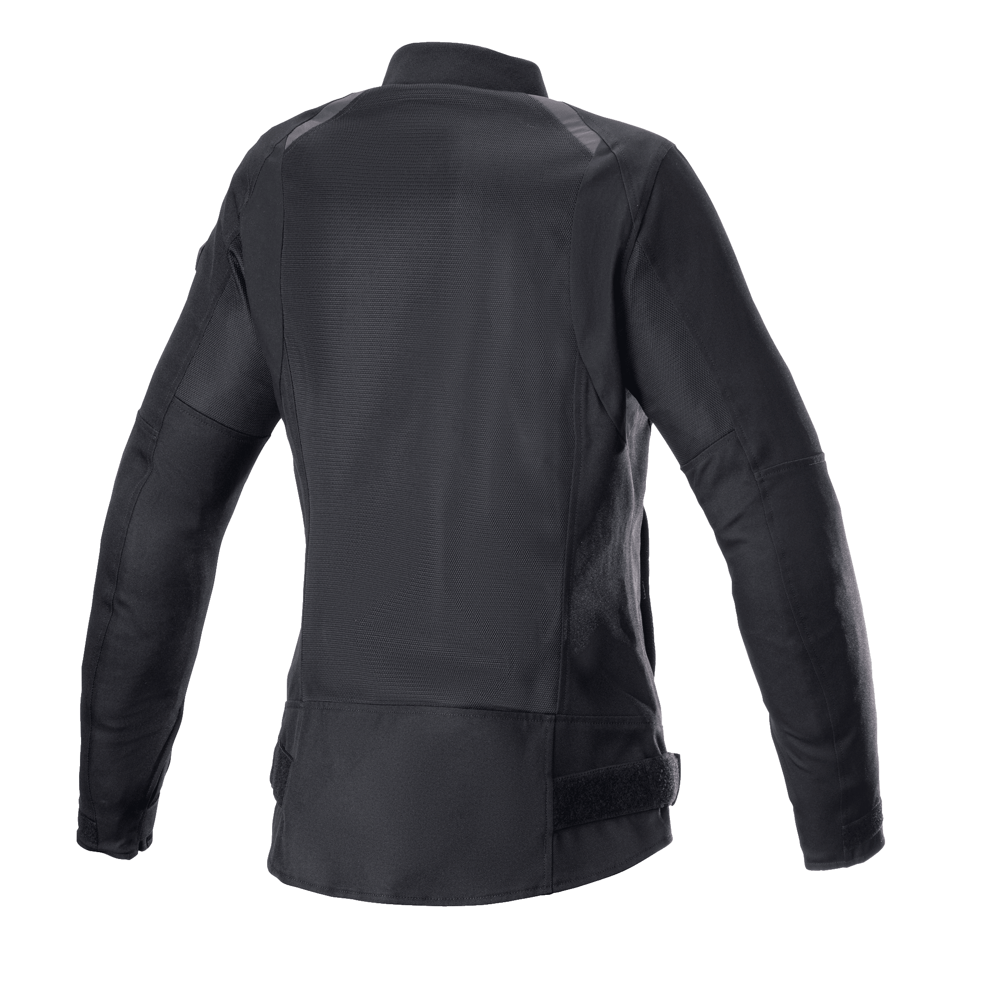 Alpinestars Eloise V2 Women's Air Jacket, chaqueta de moto para mujer en color negro, vista trasera de estilo bomber, amplios paneles de malla para ventilación, perfil trasero alargado, construcción duradera en tejido de poliéster 600D y malla