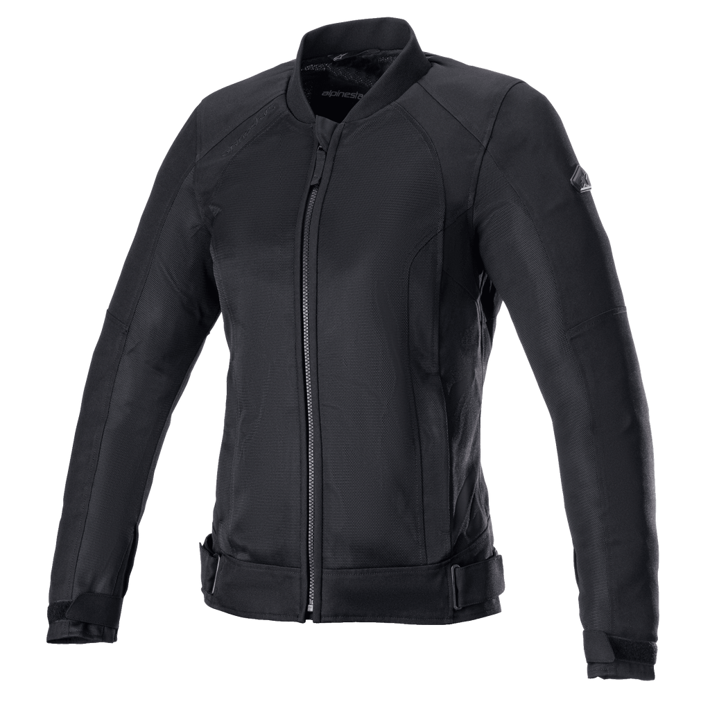 Alpinestars Eloise V2 Women's Air Jacket, chaqueta de moto negra, construcción íntegramente en textil y malla negra, con cremallera frontal, cuello alto y correas ajustables en la cintura, diseño estilizado para conducción urbana