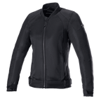 Alpinestars Eloise V2 Women's Air Jacket, chaqueta de moto negra, construcción íntegramente en textil y malla negra, con cremallera frontal, cuello alto y correas ajustables en la cintura, diseño estilizado para conducción urbana