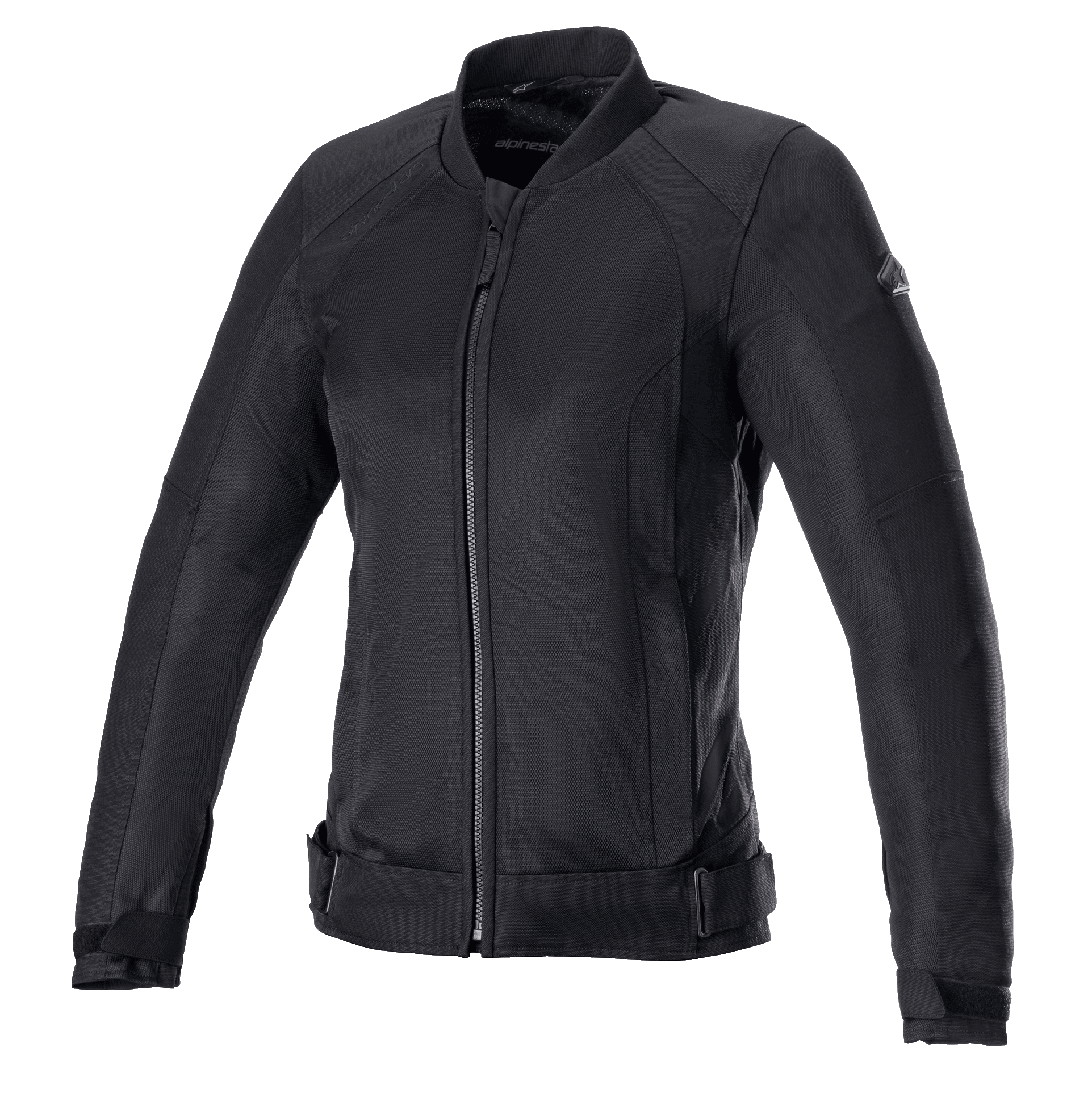 Alpinestars Eloise V2 Women's Air Jacket, chaqueta de moto negra, construcción íntegramente en textil y malla negra, con cremallera frontal, cuello alto y correas ajustables en la cintura, diseño estilizado para conducción urbana