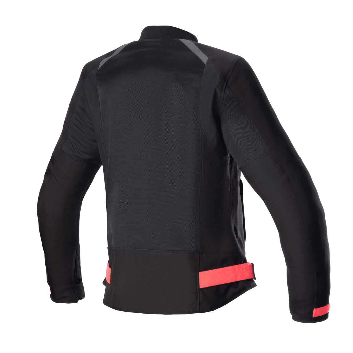 Chaqueta Alpinestars Eloise V2 Air para mujer, chaqueta de moto para mujer, negra con detalles en rosa Diva Pink, vista trasera que muestra amplios paneles de malla para el flujo de aire, correas de cintura ajustables en color rosa y perfil trasero alargado para mayor comodidad al conducir