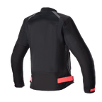 Chaqueta Alpinestars Eloise V2 Air para mujer, chaqueta de moto para mujer, negra con detalles en rosa Diva Pink, vista trasera que muestra amplios paneles de malla para el flujo de aire, correas de cintura ajustables en color rosa y perfil trasero alargado para mayor comodidad al conducir