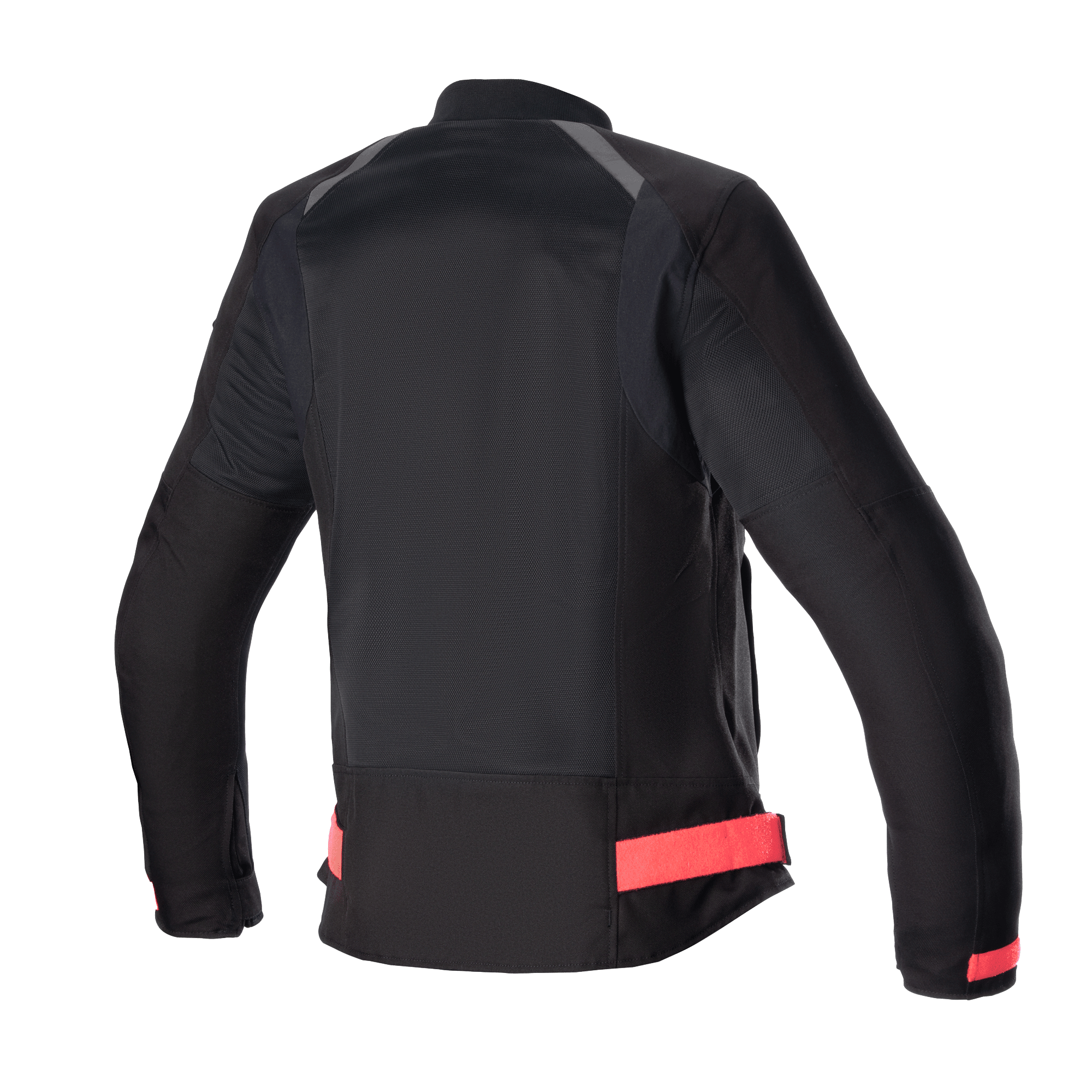 Chaqueta Alpinestars Eloise V2 Air para mujer, chaqueta de moto para mujer, negra con detalles en rosa Diva Pink, vista trasera que muestra amplios paneles de malla para el flujo de aire, correas de cintura ajustables en color rosa y perfil trasero alargado para mayor comodidad al conducir