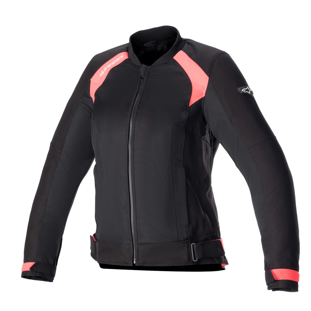 Alpinestars Eloise V2 Women's Air Jacket, chaqueta de moto textil de estilo bomber para mujer, negra y rosa Diva, con paneles de malla para ventilación, cremallera frontal, correas de cintura ajustables y un ajuste ergonómico.