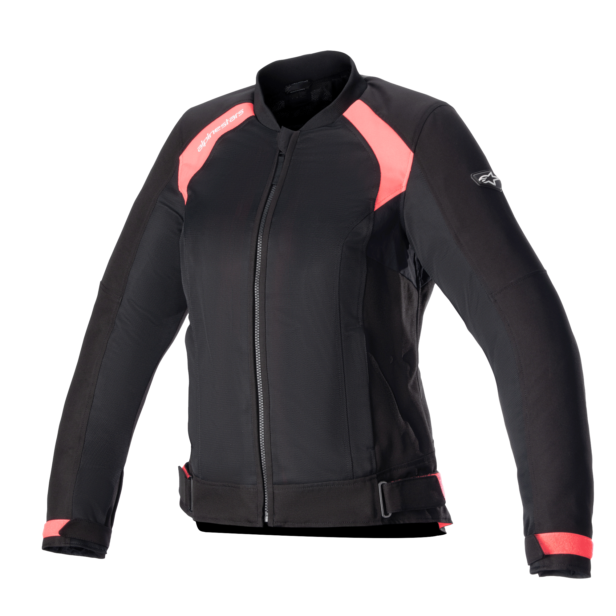 Alpinestars Eloise V2 Women's Air Jacket, chaqueta de moto textil de estilo bomber para mujer, negra y rosa Diva, con paneles de malla para ventilación, cremallera frontal, correas de cintura ajustables y un ajuste ergonómico.