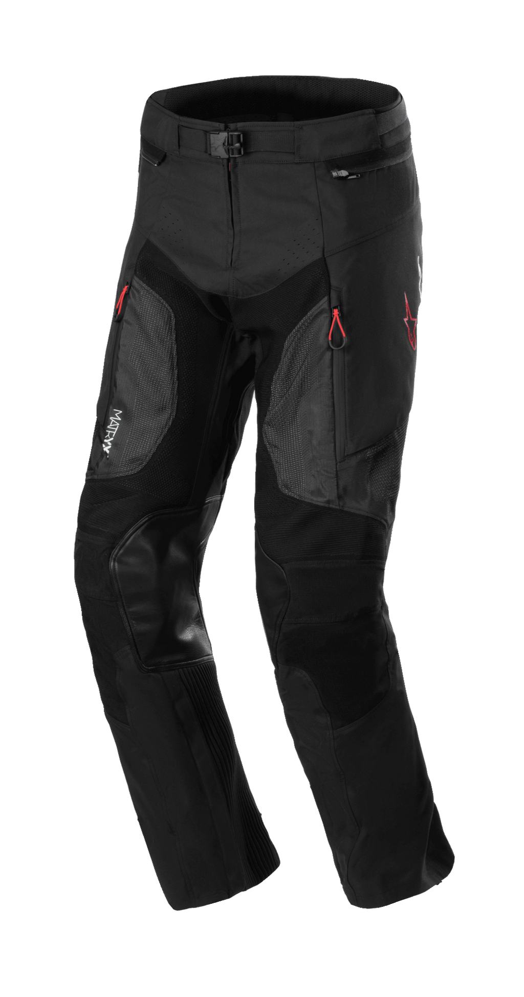 Alpinestars AMT 7 Air Pants, pantalones protectores para moto, Black Dark Shadow, con paneles de ventilación MATRYX en los muslos, parches de cuero reforzados en las rodillas, tiradores de cremallera rojos y cintura ajustable, construcción textil duradera para conducción de aventura