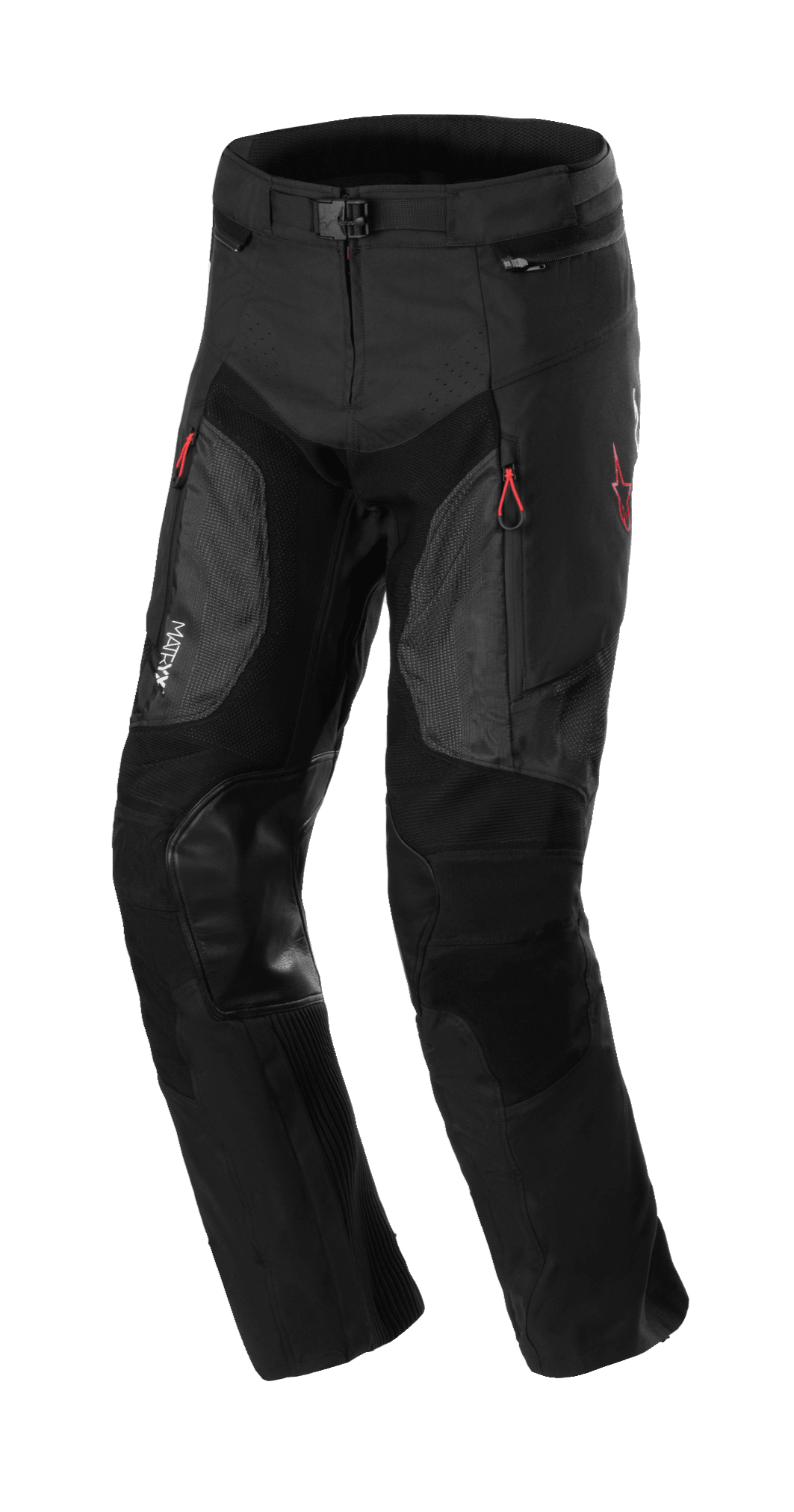 Alpinestars AMT 7 Air Pants, pantalones protectores para moto, Black Dark Shadow, con paneles de ventilación MATRYX en los muslos, parches de cuero reforzados en las rodillas, tiradores de cremallera rojos y cintura ajustable, construcción textil duradera para conducción de aventura