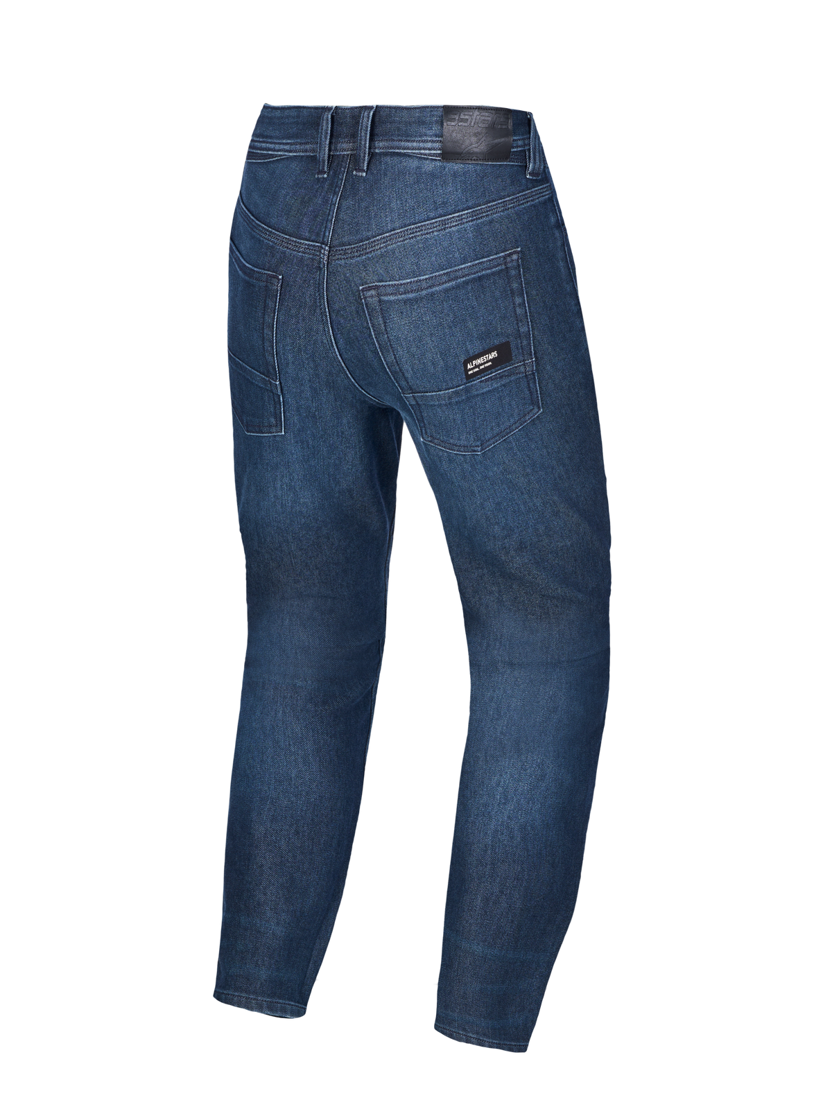 Alpinestars Flex Ast 10 Tough Max Denim, pantalones de moto vaqueros en azul oscuro, vista trasera con parche de cuero y detalles en el bolsillo