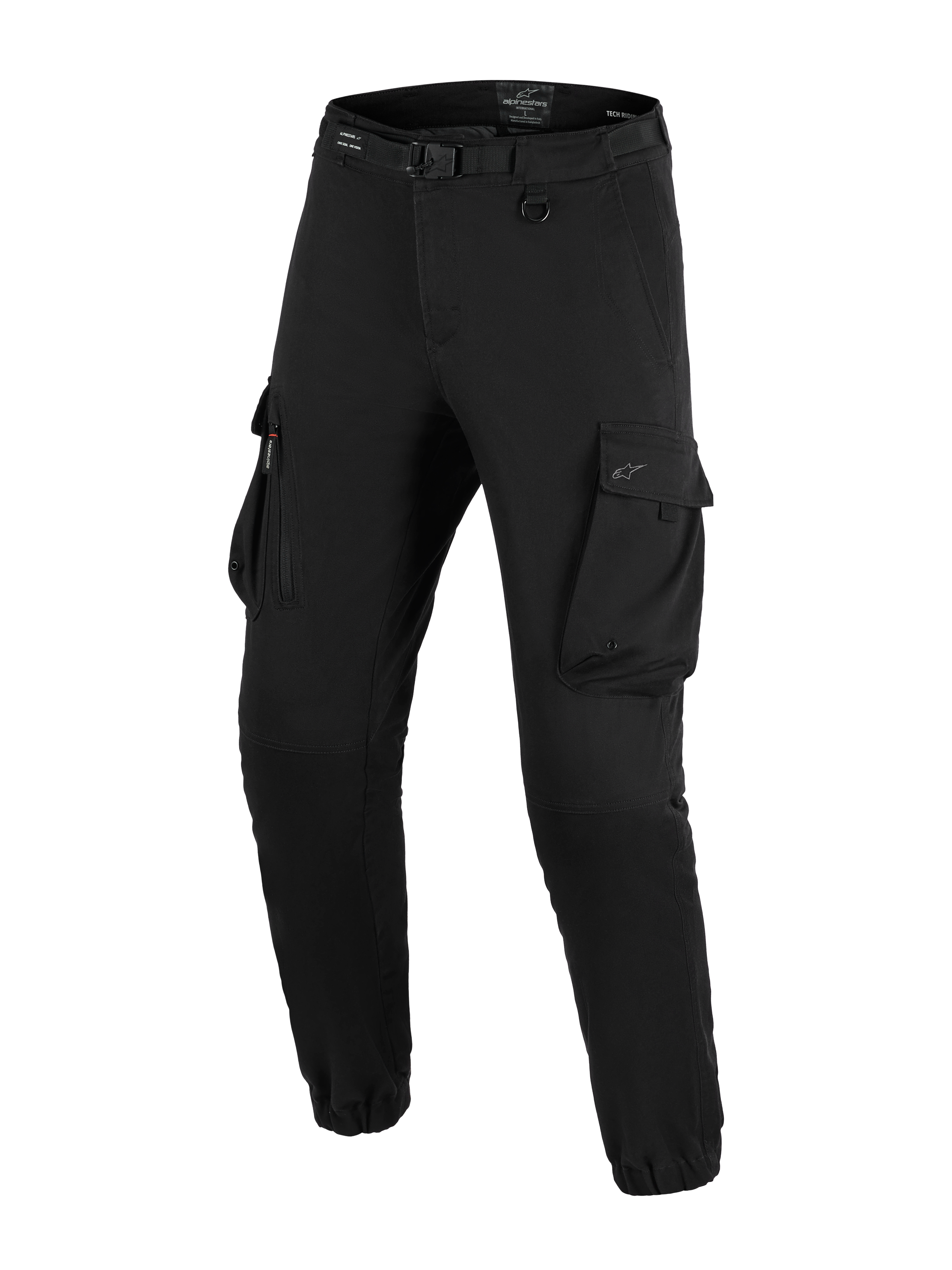Alpinestars Flex-AST Cargo Pants, pantalones de moto, negros, con grandes bolsillos cargo, cinturón integrado con hebilla, detalle de anilla en D, puños elásticos y corte ahusado para conducción urbana en motocicleta