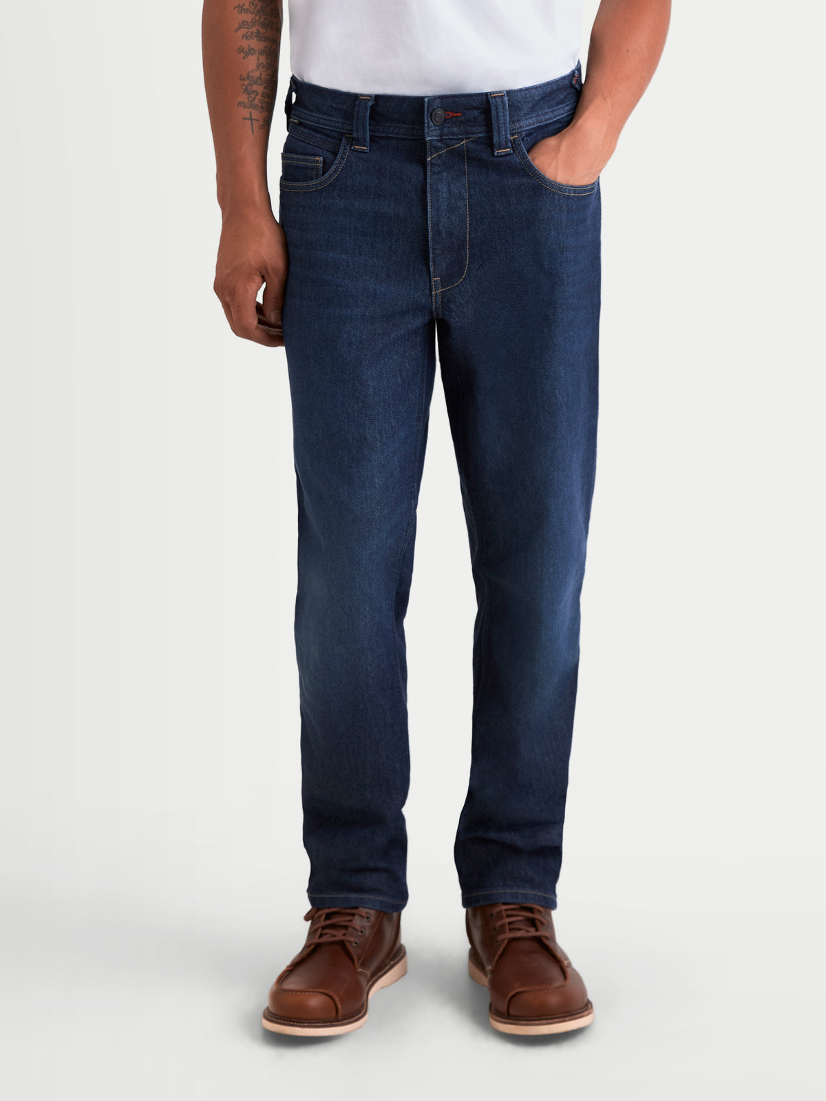 Alpinestars Flex-AST 7 Denim Pants, men's urban motorcycle riding jeans in dark blue, front view on a model wearing casual footwear, AA-rated single-layer protective riding apparel.