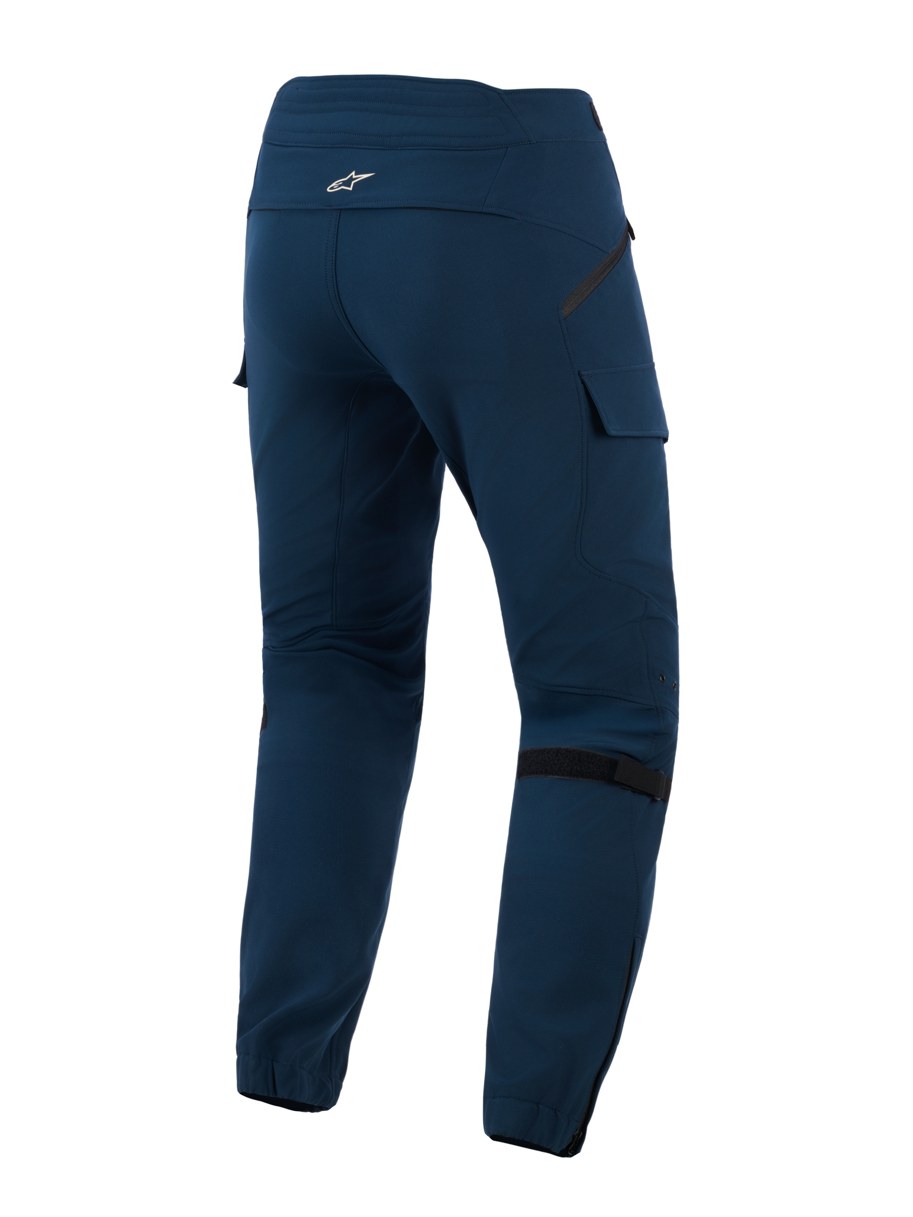 Pantalones de montar Alpinestars Juggernaut V2, Night Navy, vista trasera con bolsillos tipo cargo, correas de ajuste de volumen en la rodilla y puños elásticos con cremalleras, pantalones de motociclismo urbanos de tejido técnico