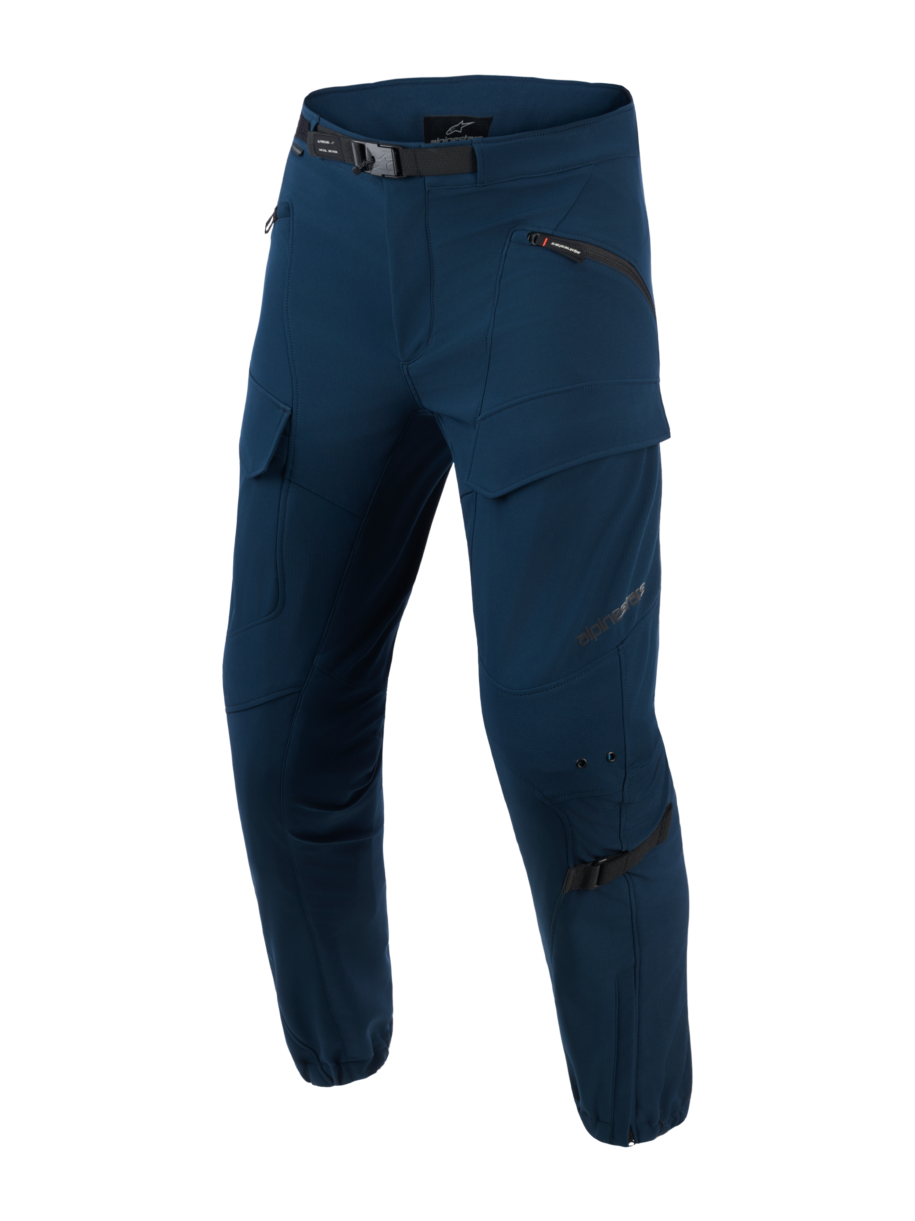 Alpinestars Juggernaut V2 Riding Pants, pantalones de moto urbanos, Night Navy, pantalones técnicos de montar en azul oscuro con múltiples bolsillos con cremallera, cinturón ajustable negro, áreas de rodilla reforzadas con correas de ajuste, diseño de corte entallado con puños con cremallera, tejido softshell ripstop para desplazamientos urbanos