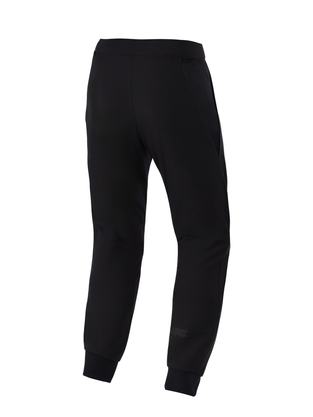 Alpinestars Aeroshell Airflow Pants, pantalones de moto, negros, vista trasera con un chasis de softshell elástico ligero, paneles de malla 2D integrados para transpirabilidad, zonas de la pantorrilla perforadas con láser y un sutil logo de Astars en la parte inferior de la pierna.