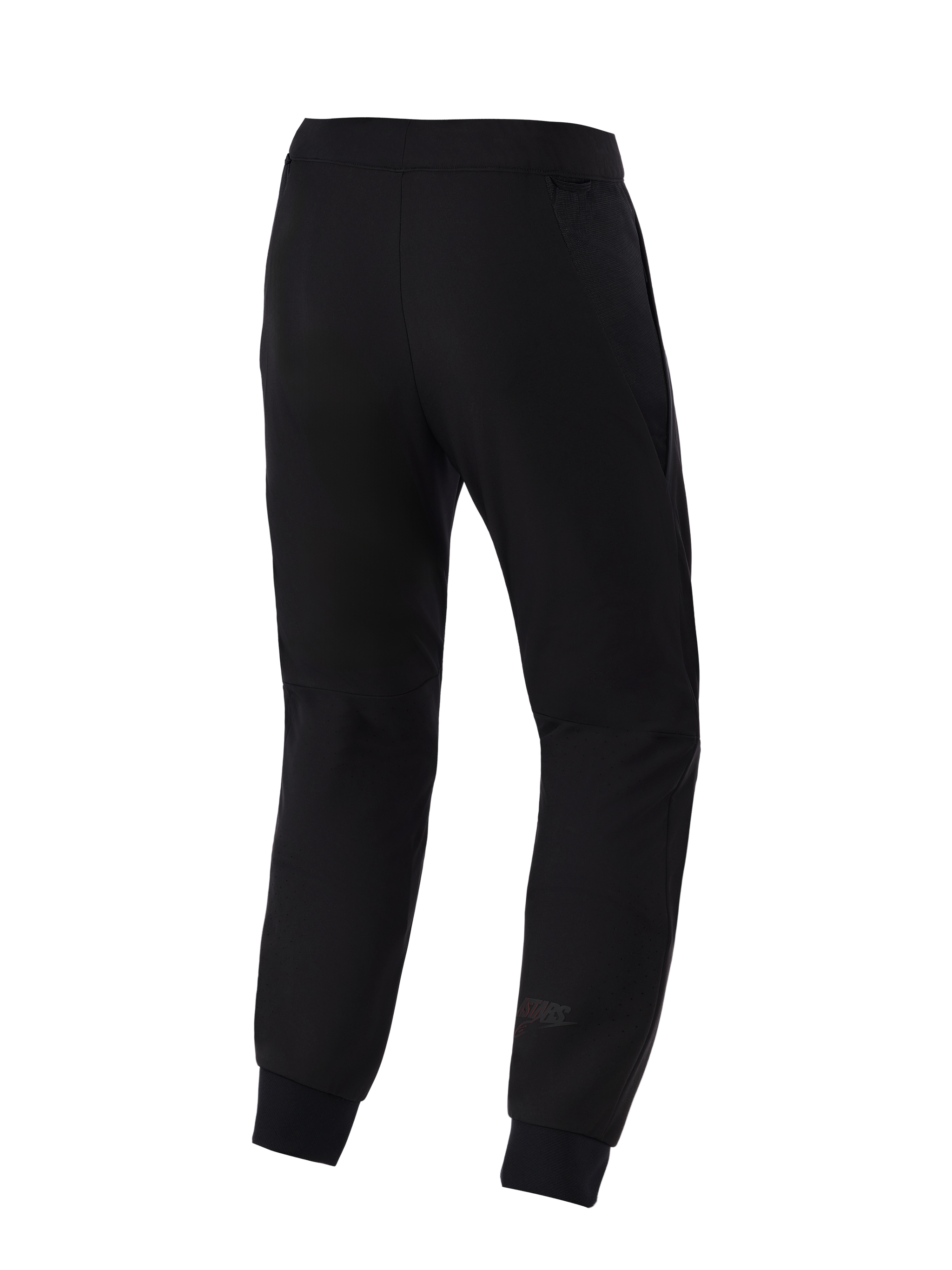 Alpinestars Aeroshell Airflow Pants, Motorcycle Pants, Black, back view featuring a lightweight stretch softshell chassis, integrated 2D mesh panels for breathability, laser-perforated calf zones, and a subtle Astars logo on the lower leg.