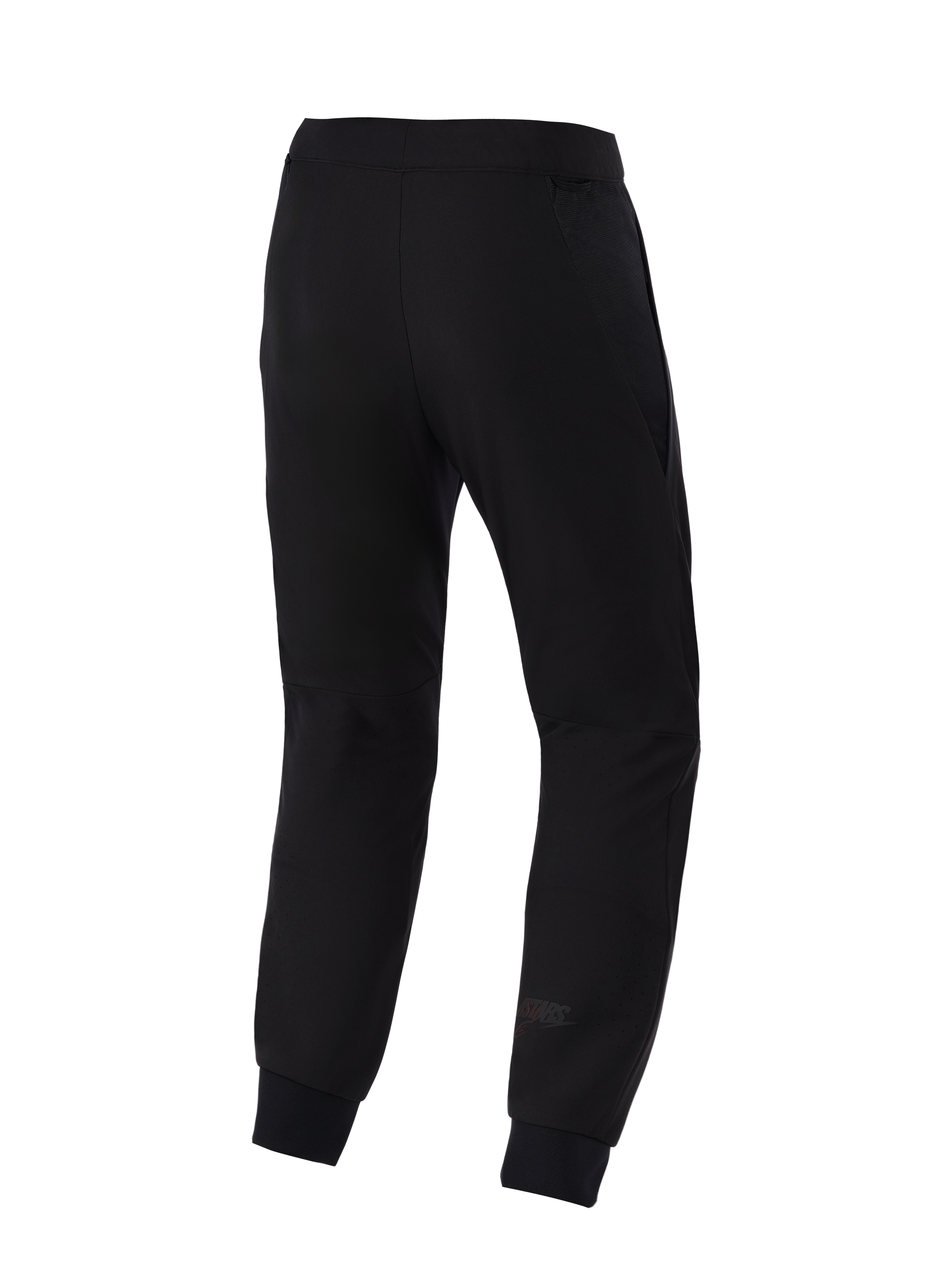 Alpinestars Aeroshell Airflow Pants, pantalones de moto, negros, vista trasera con un chasis de softshell elástico ligero, paneles de malla 2D integrados para transpirabilidad, zonas de la pantorrilla perforadas con láser y un sutil logo de Astars en la parte inferior de la pierna.