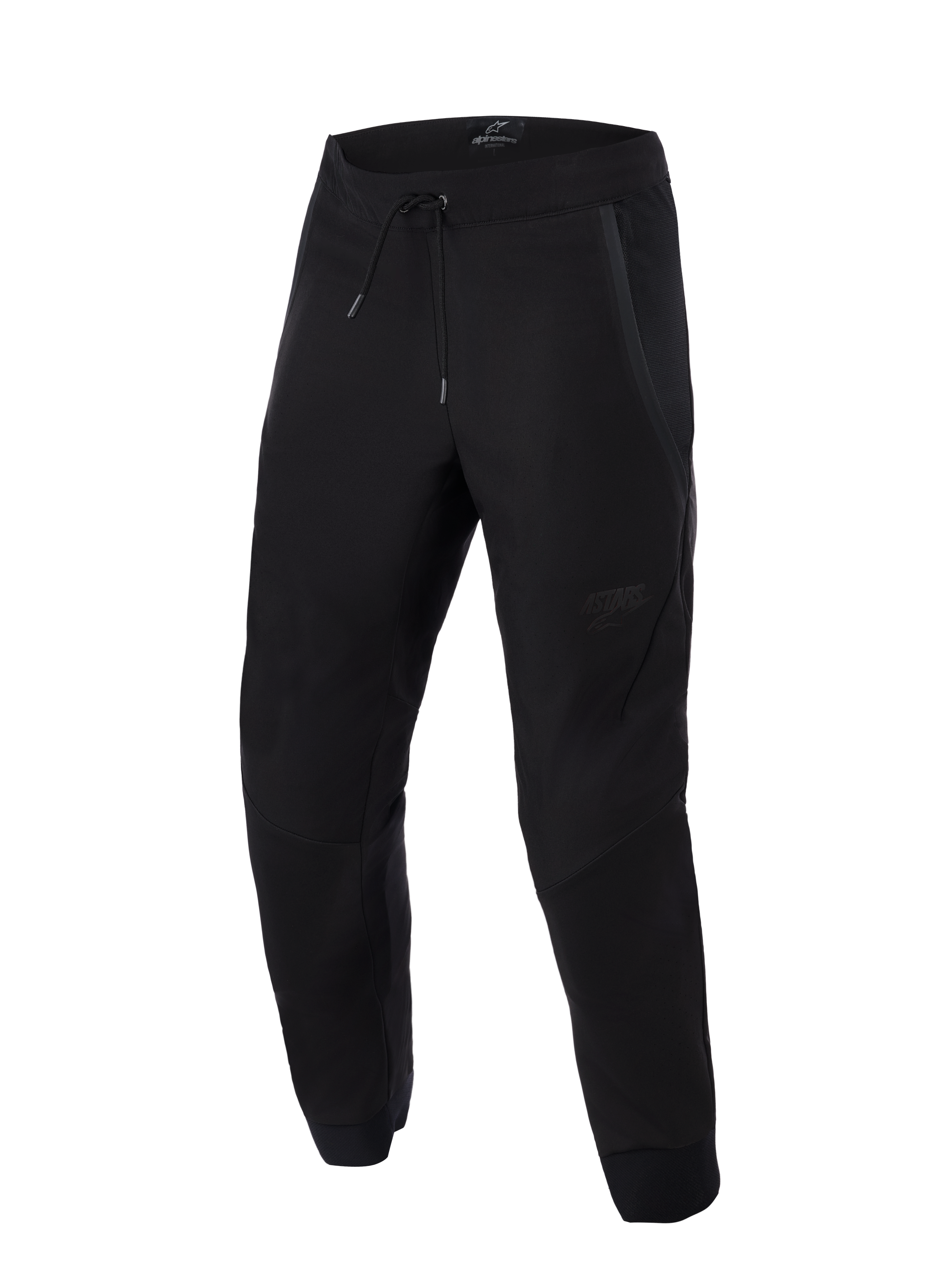Pantalones Alpinestars Aeroshell Airflow, negros, pantalones ligeros de motociclismo para deporte y turismo, con amplios paneles de malla para ventilación, cintura elástica con cordón, piernas precurvadas y un sutil logotipo tonal en el muslo.